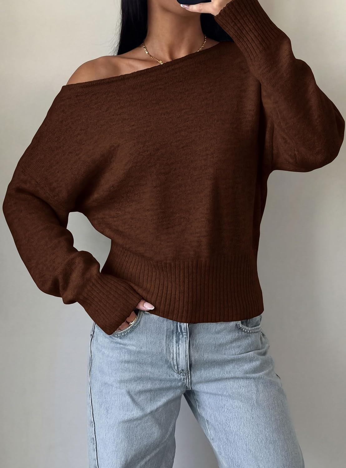 image:imagePRETTYGARDEN Womens Off The Shoulder Sweater Fall FashionBrown