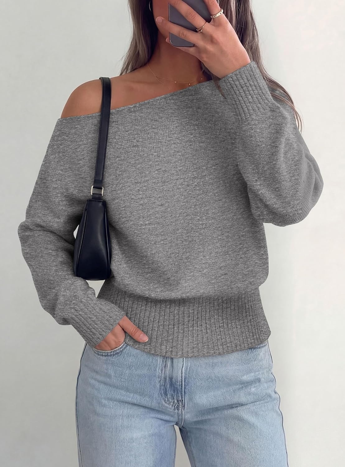 image:imagePRETTYGARDEN Womens Off The Shoulder Sweater Fall FashionGrey