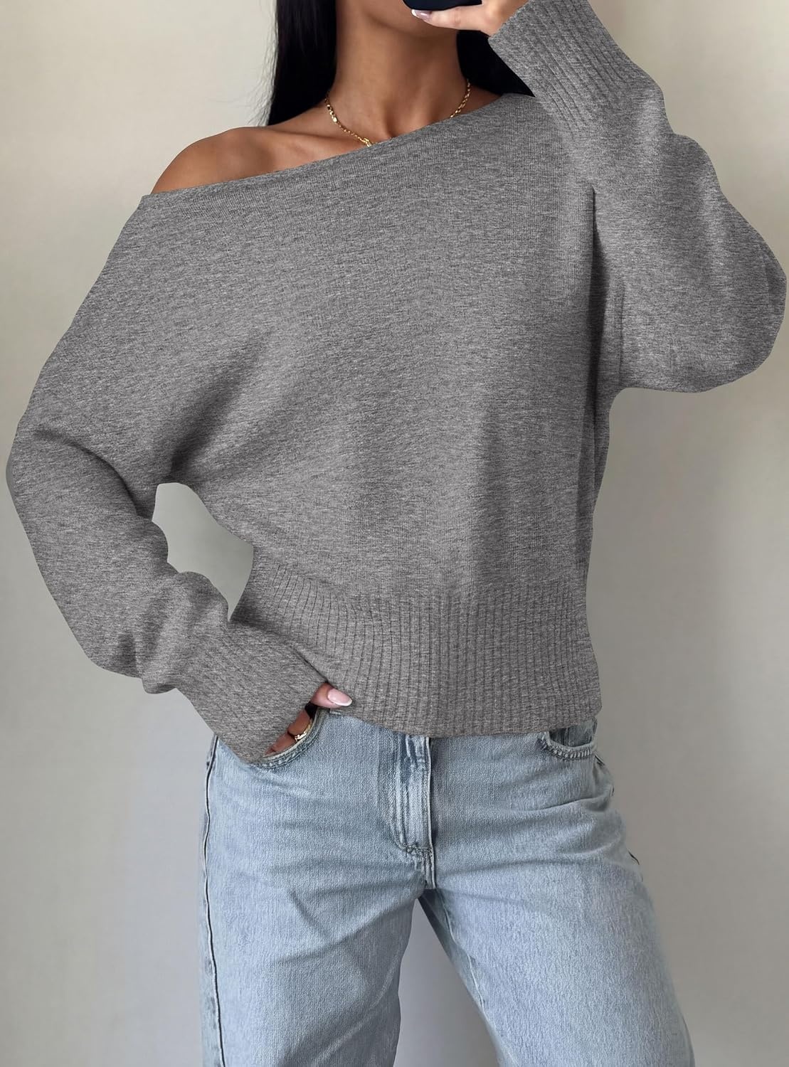 image:imagePRETTYGARDEN Womens Off The Shoulder Sweater Fall FashionGrey