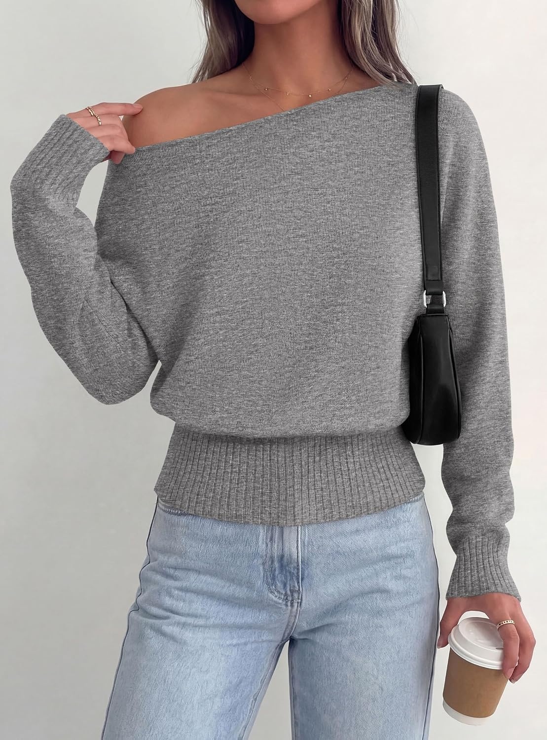 image:imagePRETTYGARDEN Womens Off The Shoulder Sweater Fall FashionGrey