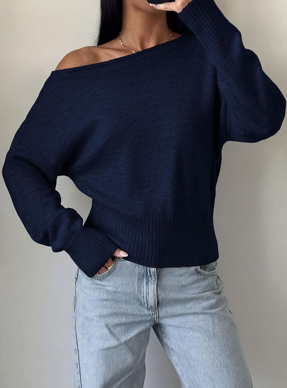 image:imagePRETTYGARDEN Womens Off The Shoulder Sweater Fall FashionNavy Blue