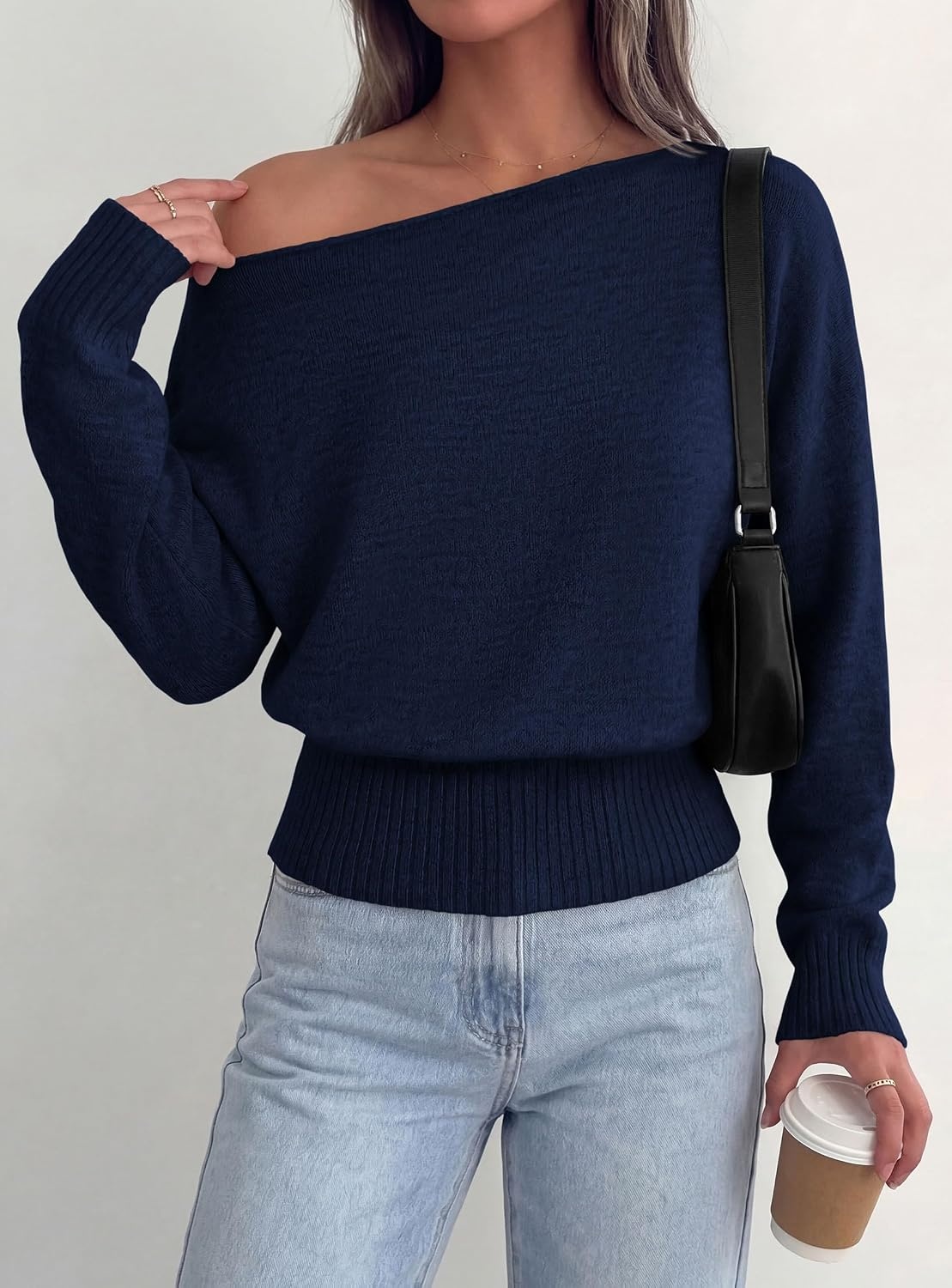 image:imagePRETTYGARDEN Womens Off The Shoulder Sweater Fall FashionNavy Blue