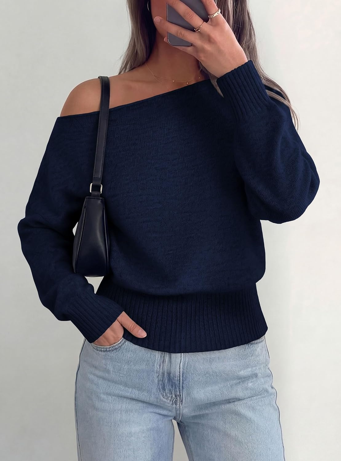 image:imagePRETTYGARDEN Womens Off The Shoulder Sweater Fall FashionNavy Blue