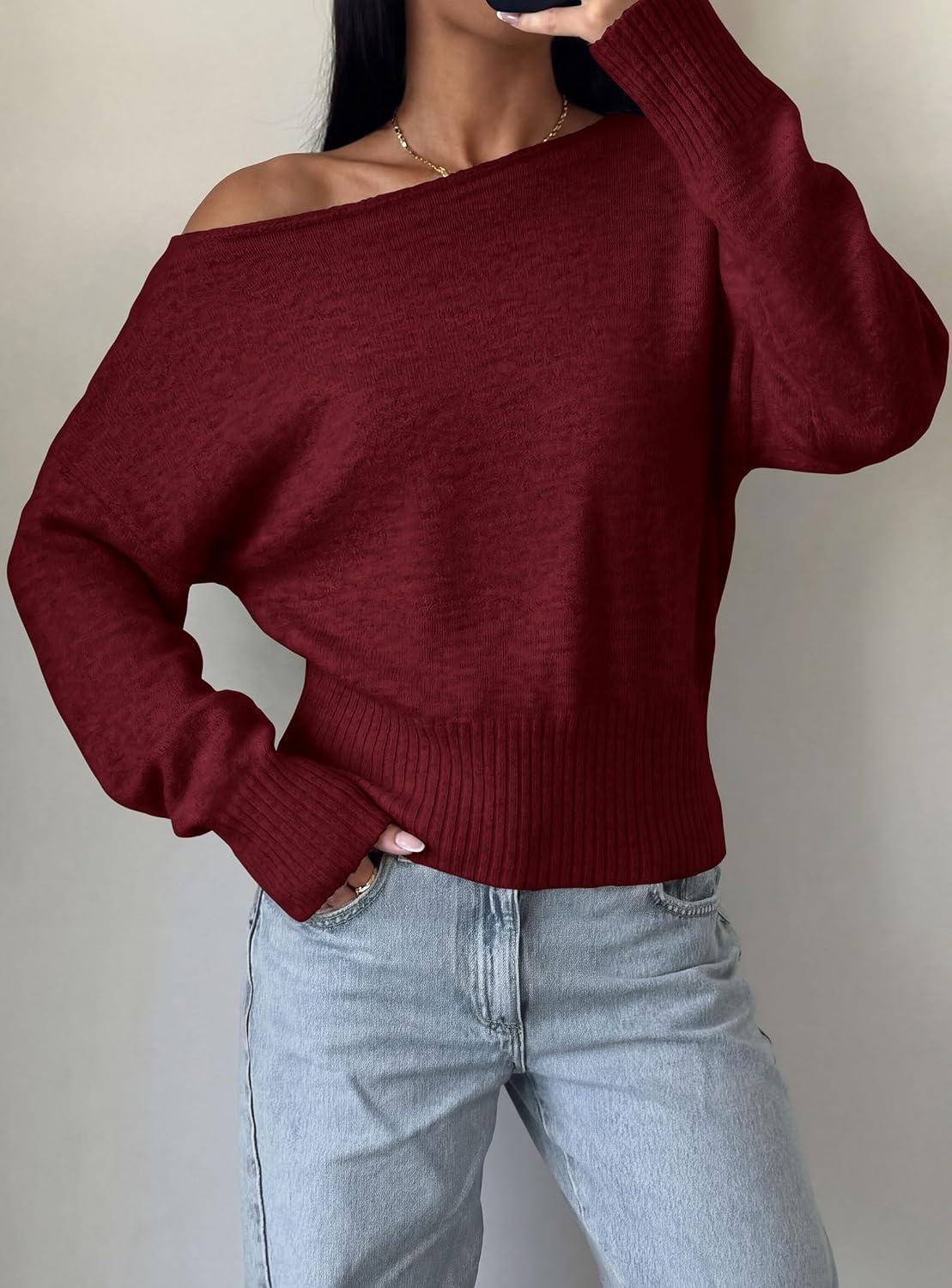 image:imagePRETTYGARDEN Womens Off The Shoulder Sweater Fall FashionWine Red