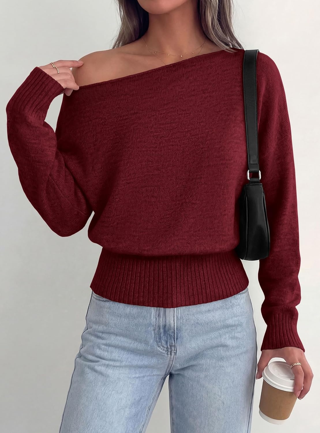 image:imagePRETTYGARDEN Womens Off The Shoulder Sweater Fall FashionWine Red