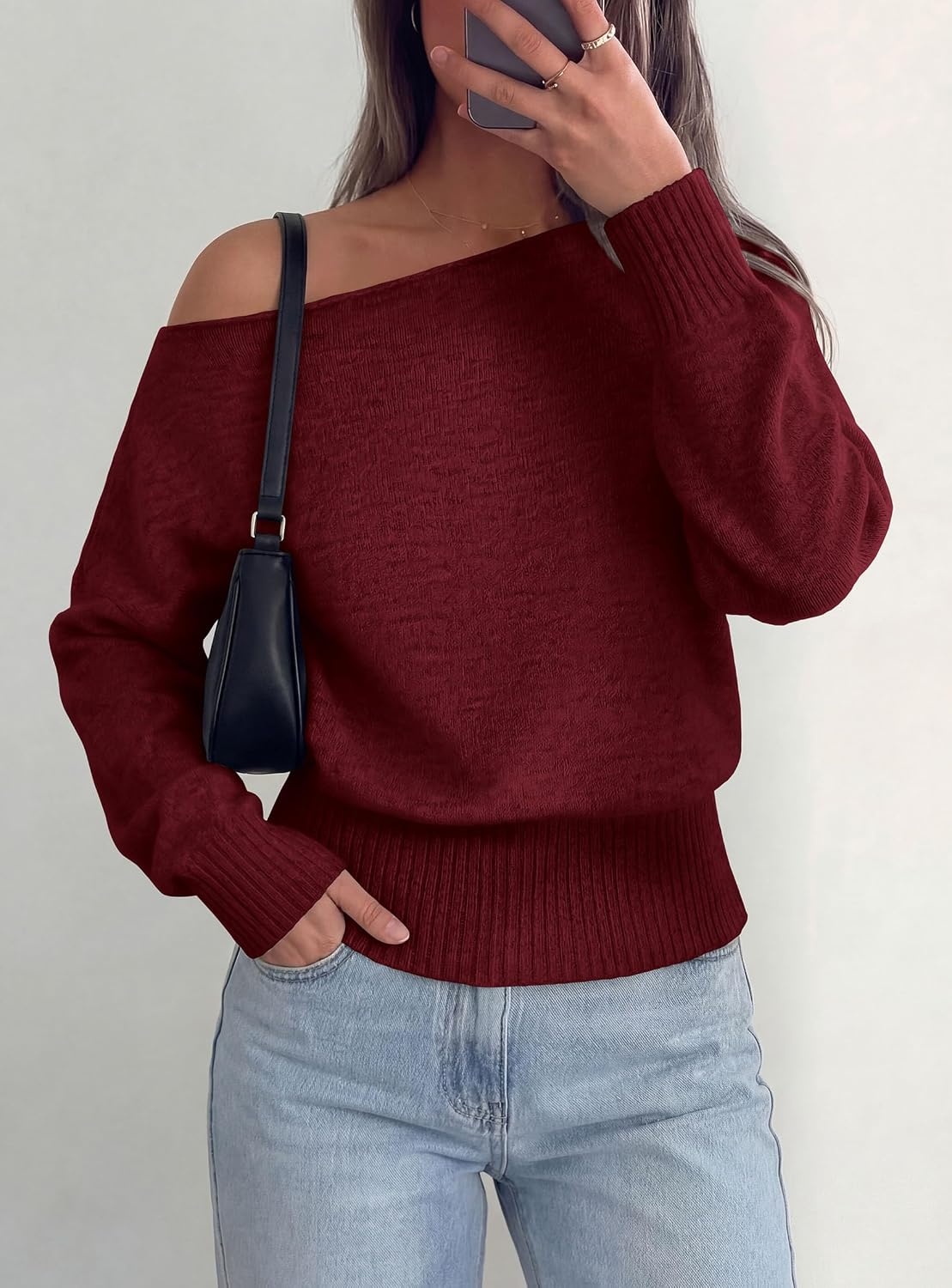 image:imagePRETTYGARDEN Womens Off The Shoulder Sweater Fall FashionWine Red