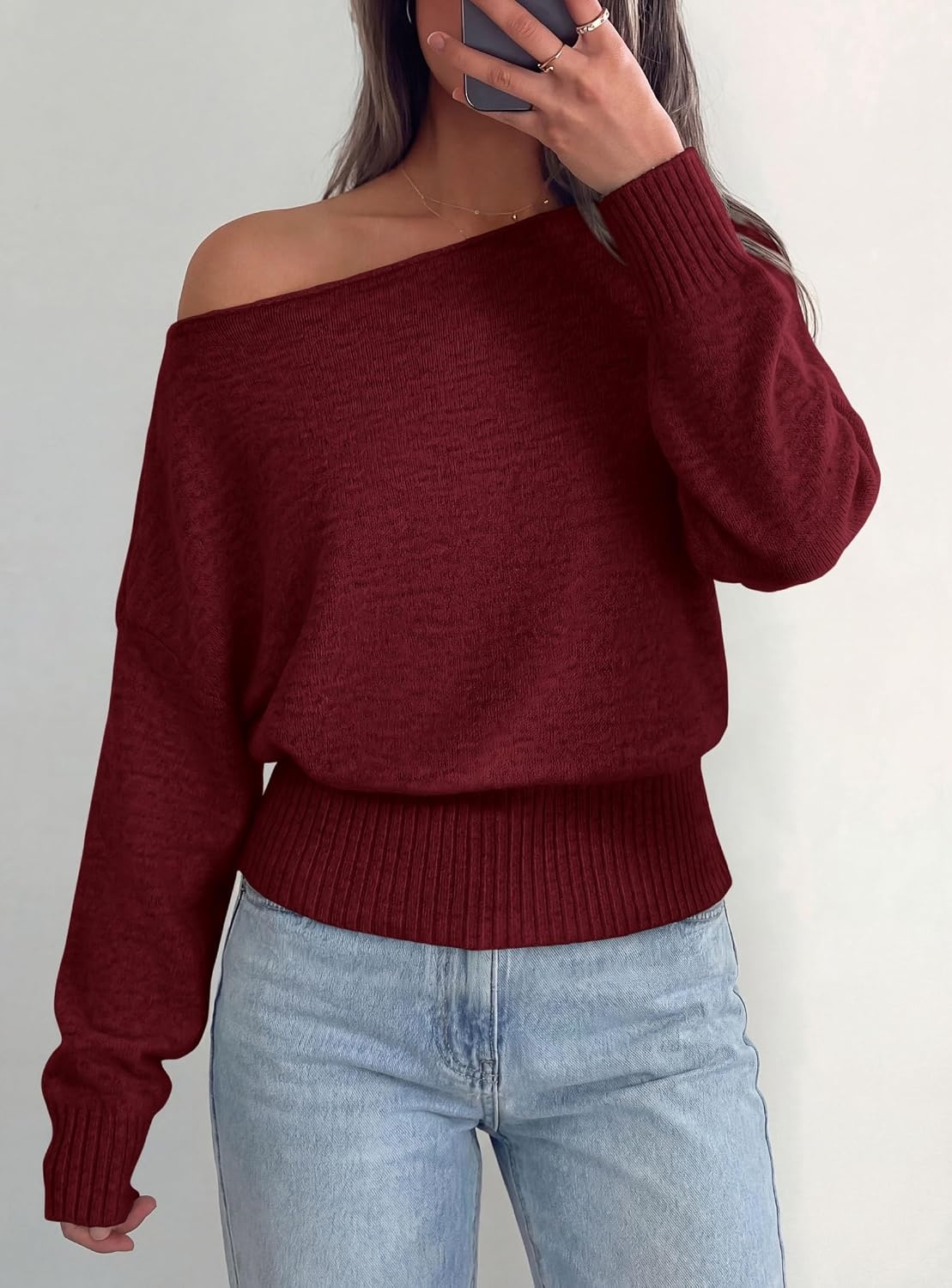 image:imagePRETTYGARDEN Womens Off The Shoulder Sweater Fall FashionWine Red