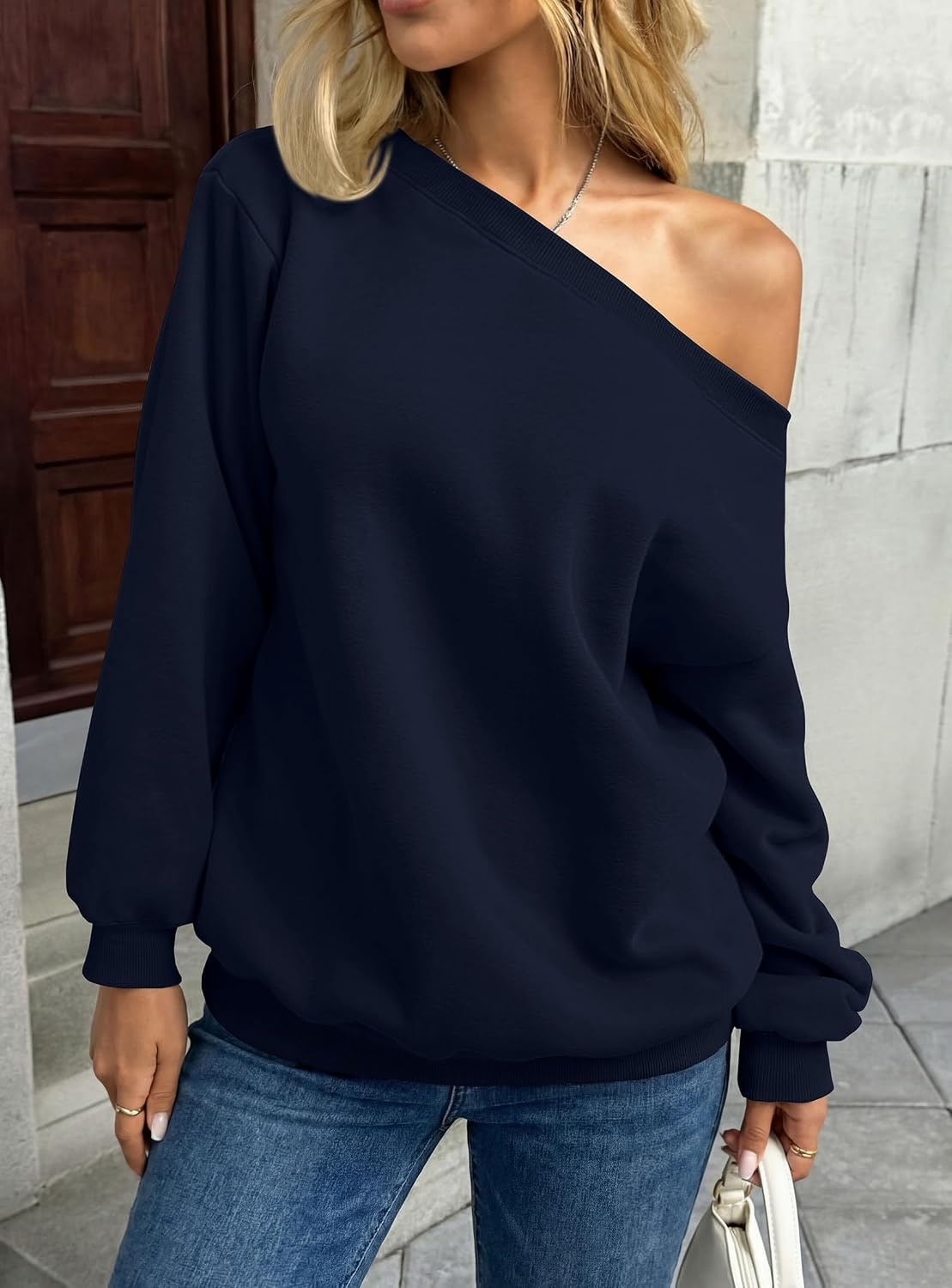 image:imagePRETTYGARDEN Womens Off The Shoulder Sweatshirt Loose FitNavy Blue