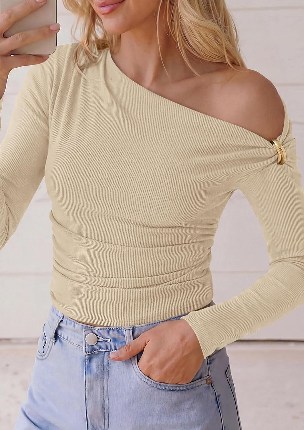 image:imagePRETTYGARDEN Womens Off The Shoulder Tops Long Sleeve ShirtsApricot