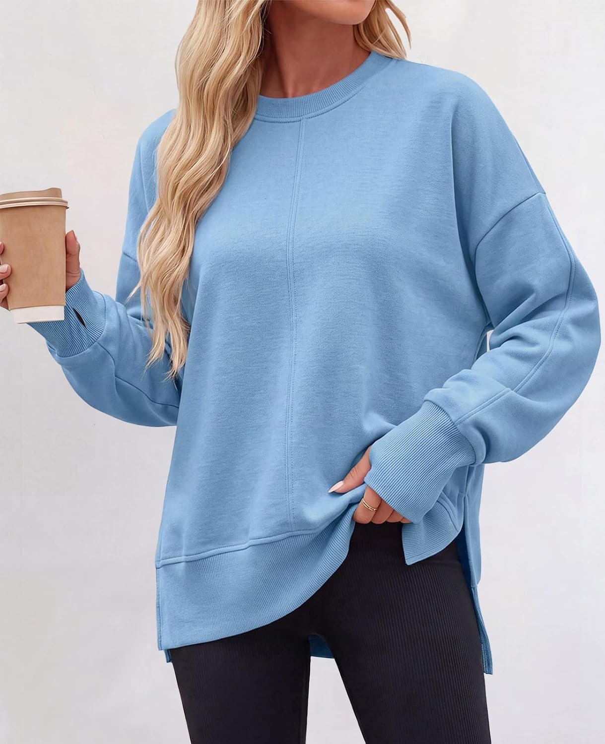 image:imagePRETTYGARDEN Womens Oversized Long Sleeve Crewneck Sweatshirts Thumb HoleLight Blue