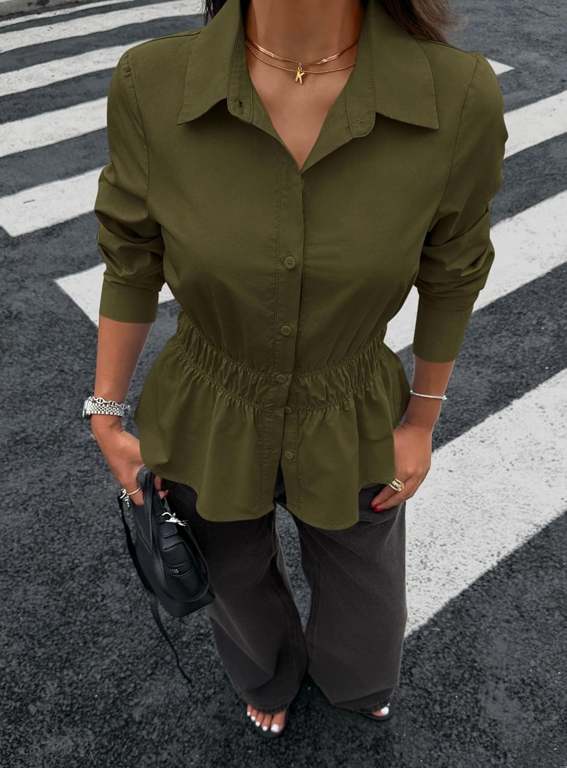 image:imagePRETTYGARDEN Womens Peplum Button Down Work ShirtsSolid Army Green