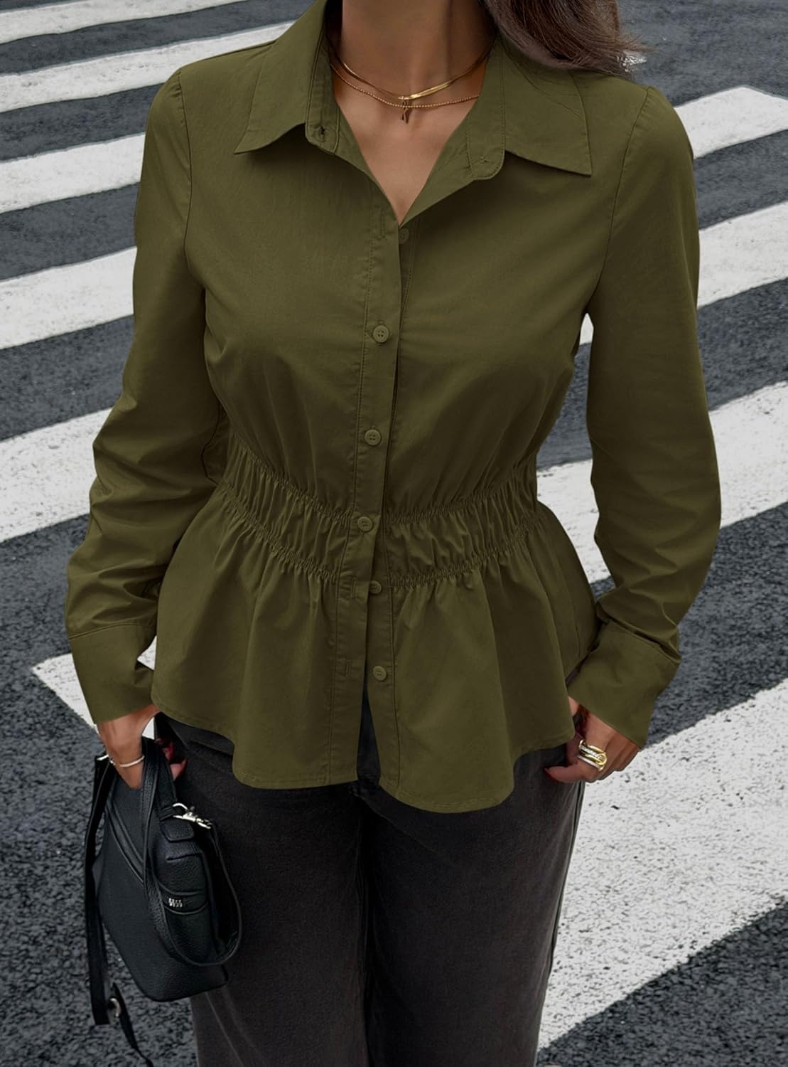 image:imagePRETTYGARDEN Womens Peplum Button Down Work ShirtsSolid Army Green
