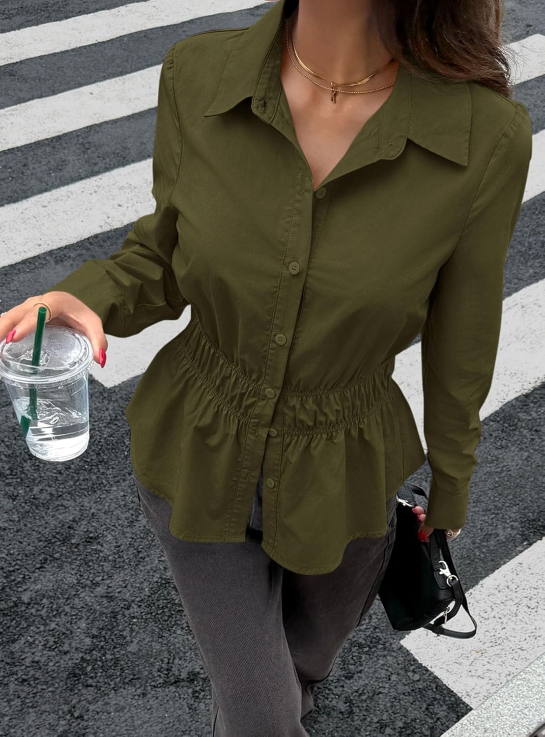 image:imagePRETTYGARDEN Womens Peplum Button Down Work ShirtsSolid Army Green
