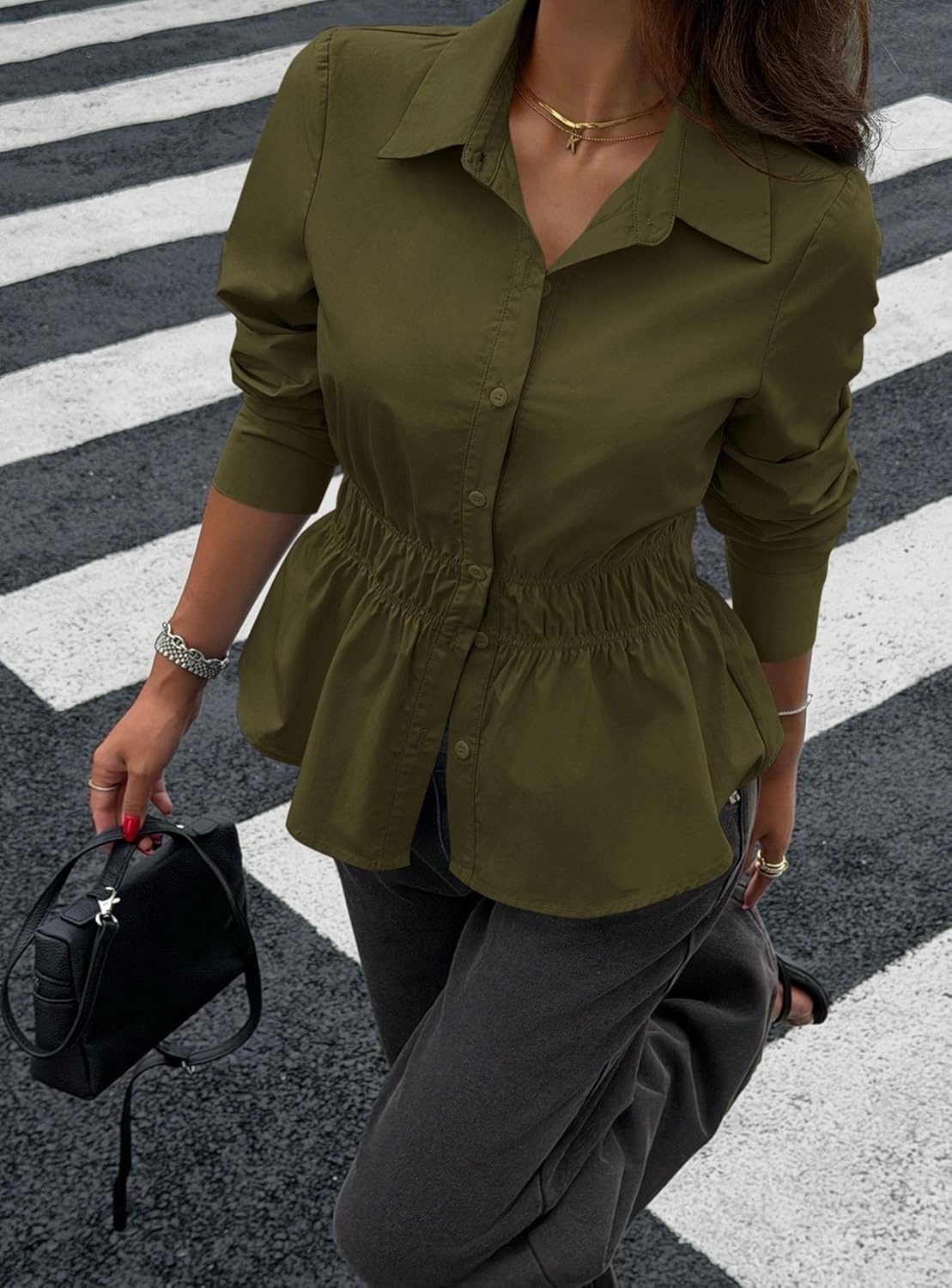 image:imagePRETTYGARDEN Womens Peplum Button Down Work ShirtsSolid Army Green