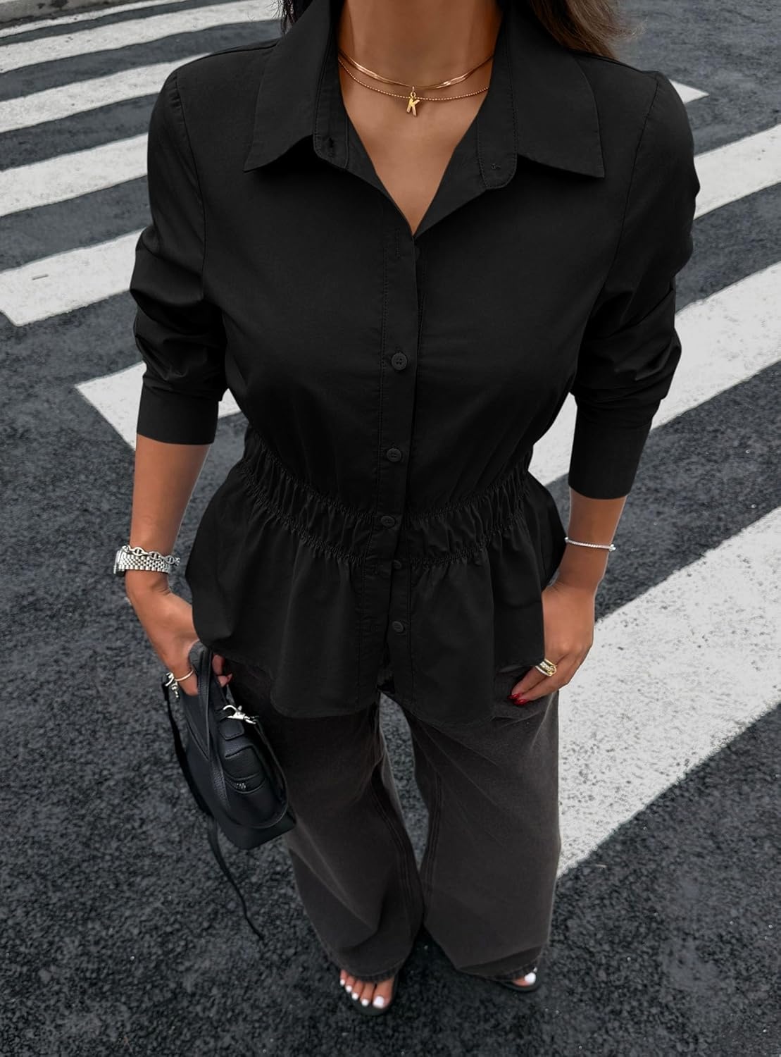 image:imagePRETTYGARDEN Womens Peplum Button Down Work ShirtsSolid Black