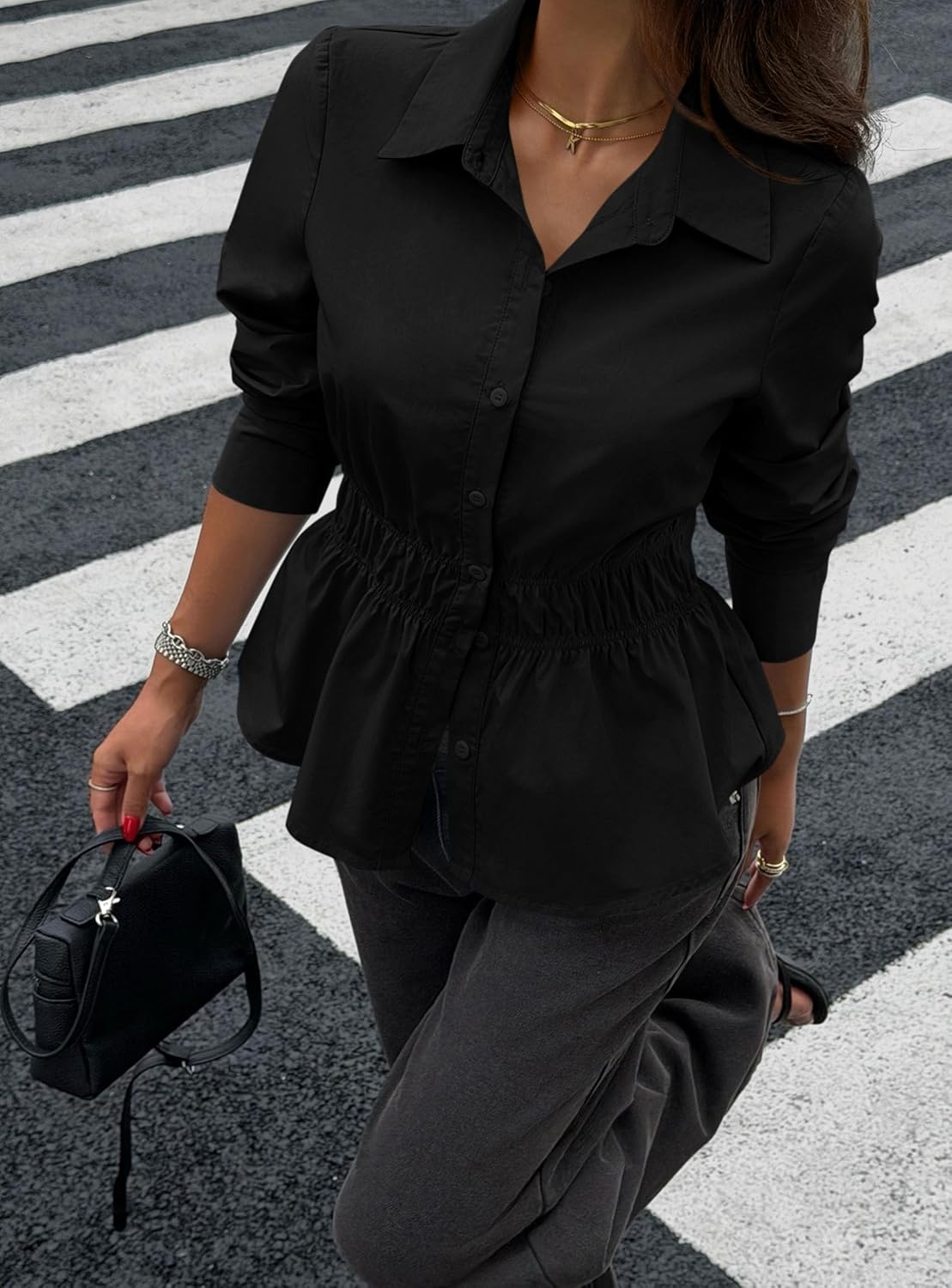 image:imagePRETTYGARDEN Womens Peplum Button Down Work ShirtsSolid Black