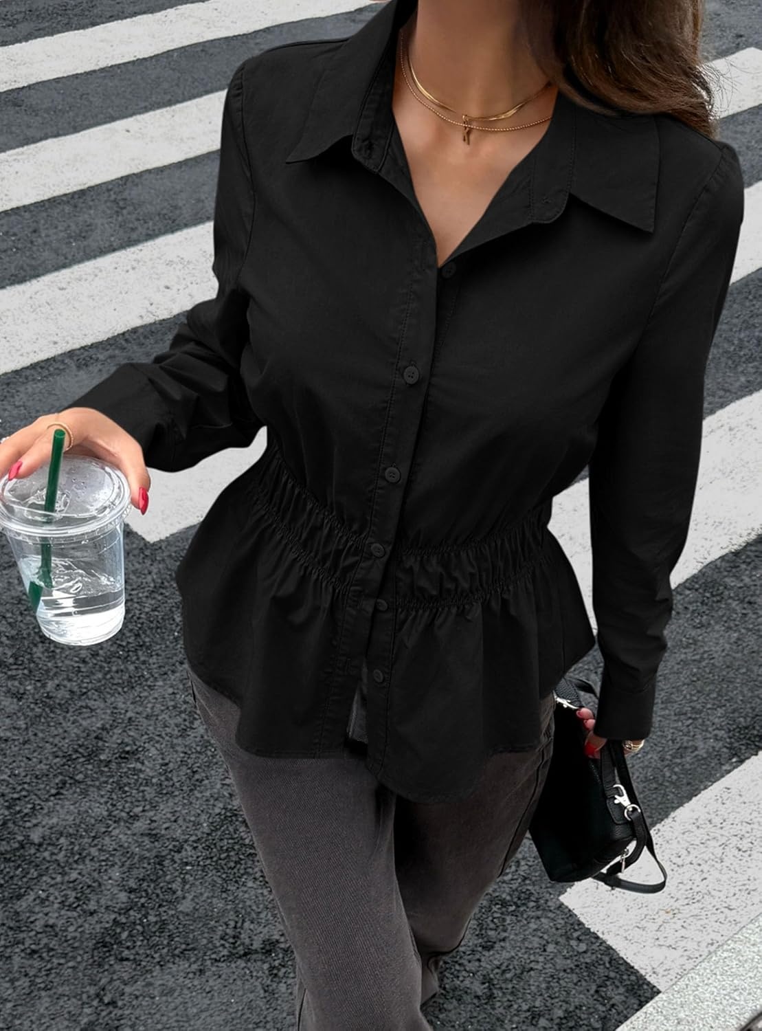 image:imagePRETTYGARDEN Womens Peplum Button Down Work ShirtsSolid Black