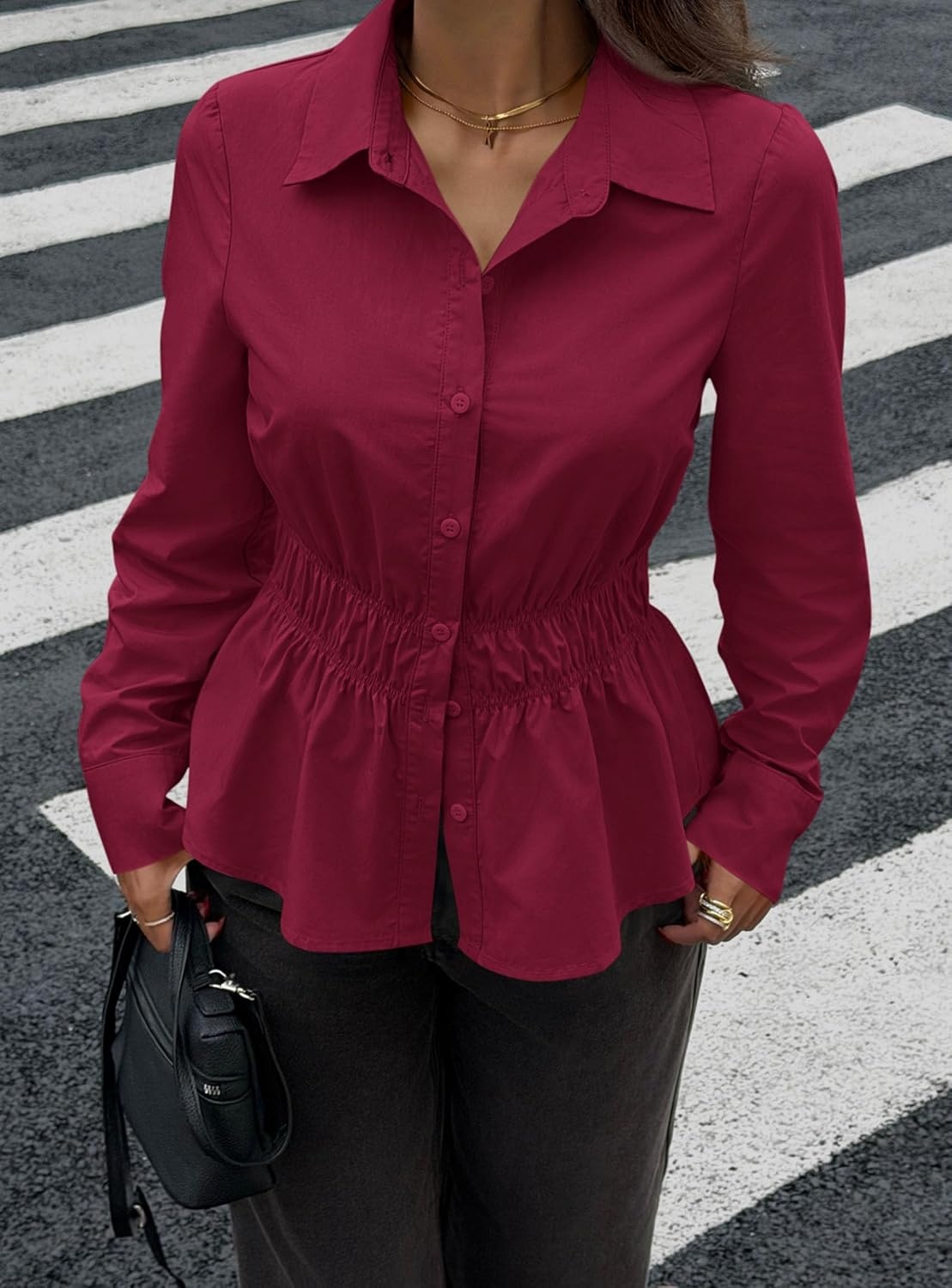 image:imagePRETTYGARDEN Womens Peplum Button Down Work ShirtsSolid Burgundy