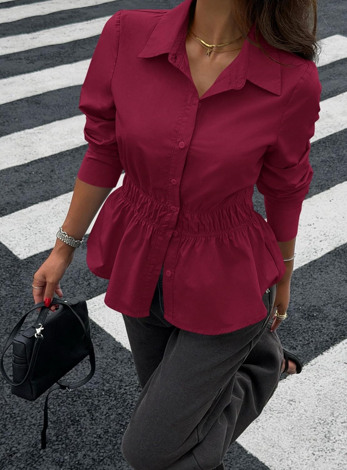 image:imagePRETTYGARDEN Womens Peplum Button Down Work ShirtsSolid Burgundy