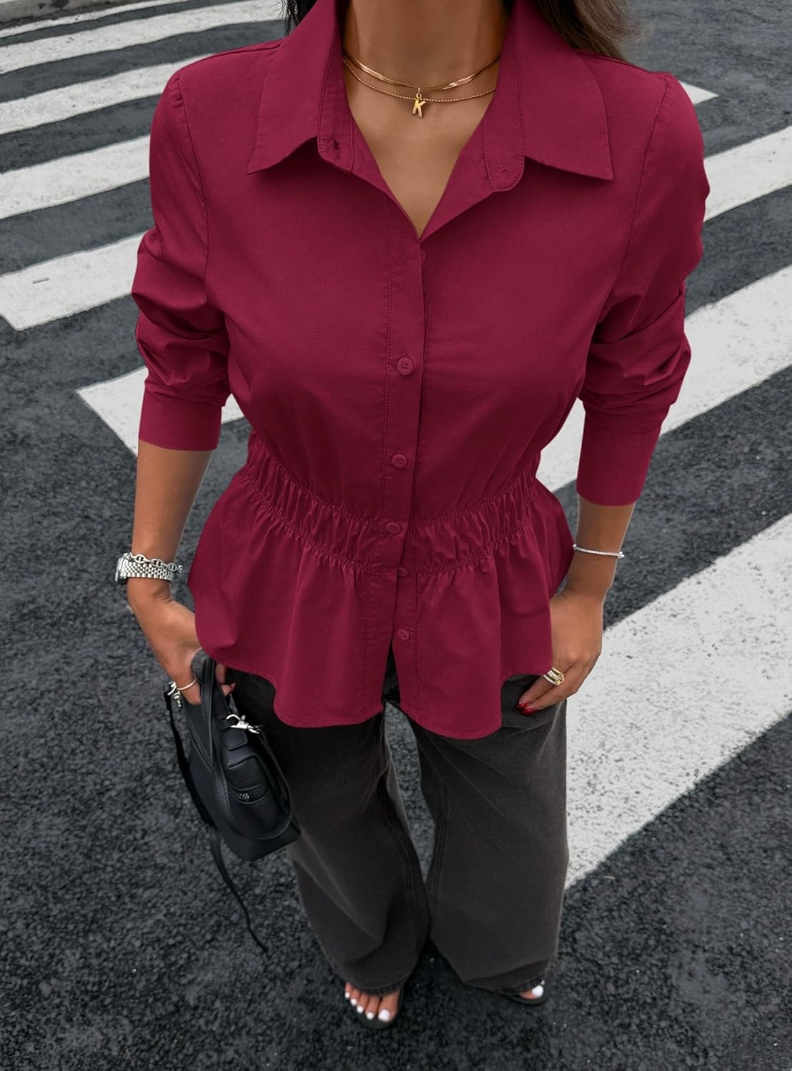 image:imagePRETTYGARDEN Womens Peplum Button Down Work ShirtsSolid Burgundy