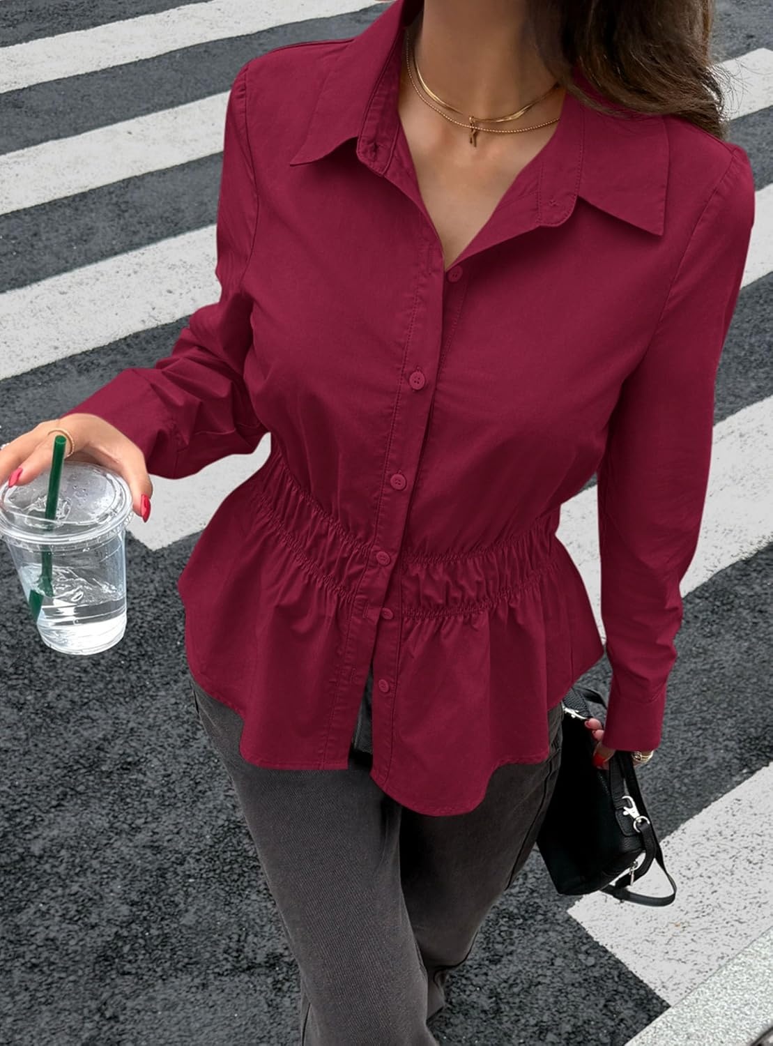image:imagePRETTYGARDEN Womens Peplum Button Down Work ShirtsSolid Burgundy