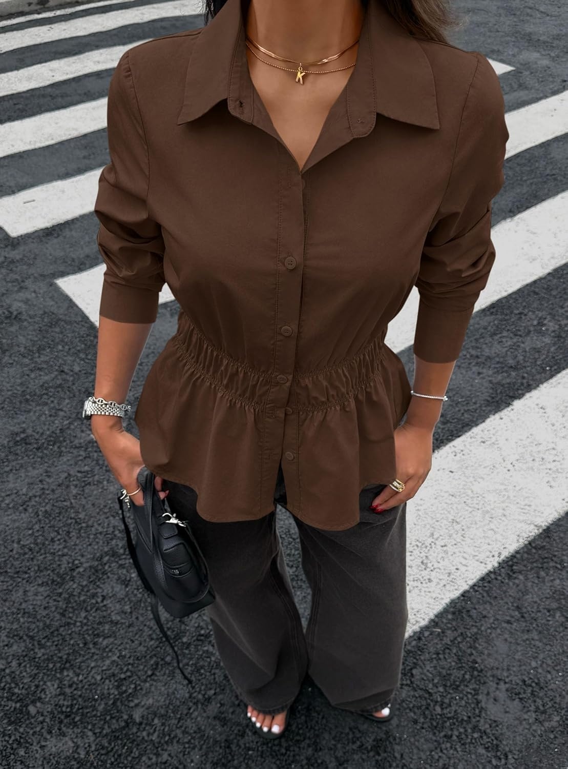 image:imagePRETTYGARDEN Womens Peplum Button Down Work ShirtsSolid Coffee