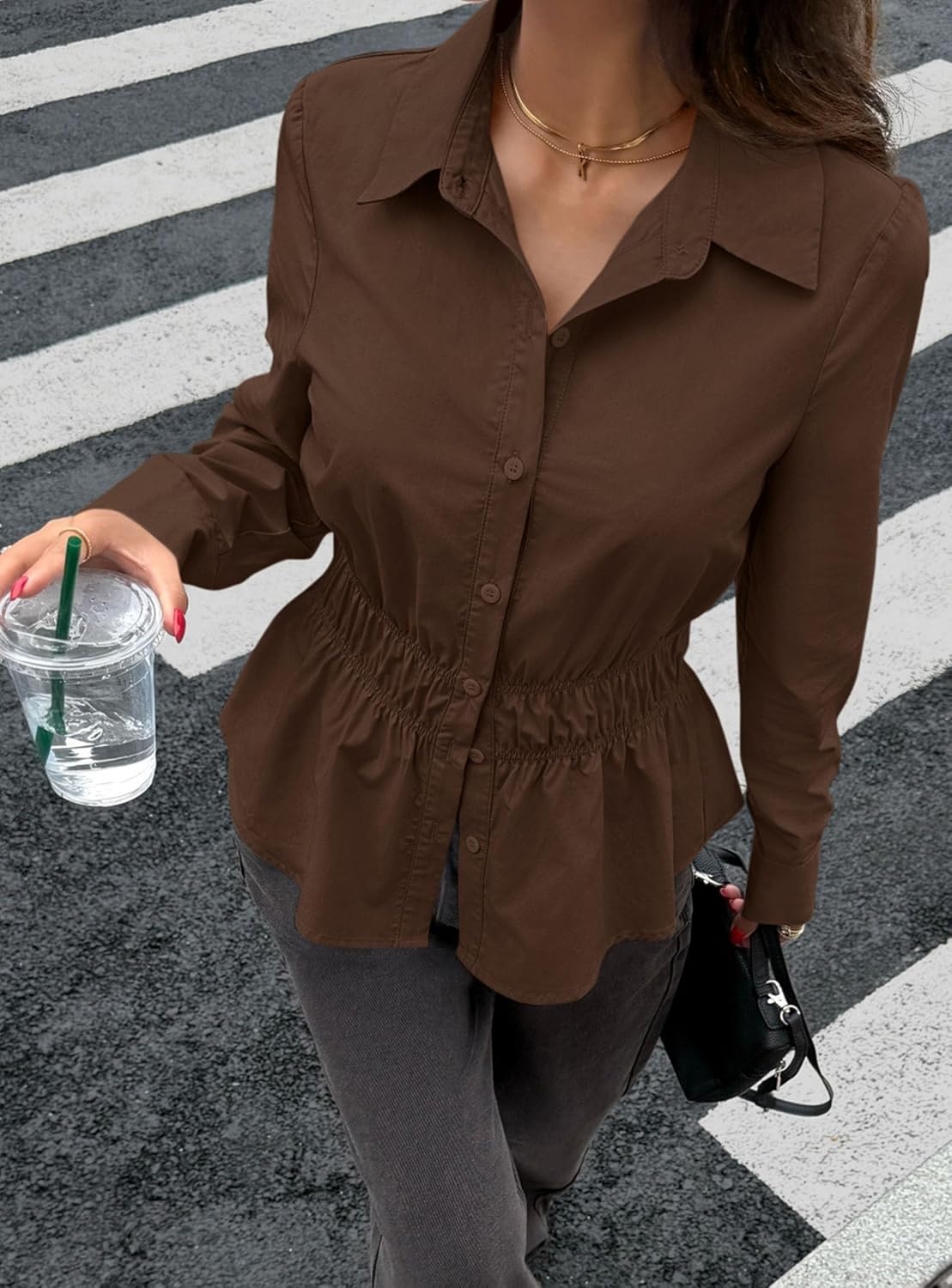 image:imagePRETTYGARDEN Womens Peplum Button Down Work ShirtsSolid Coffee