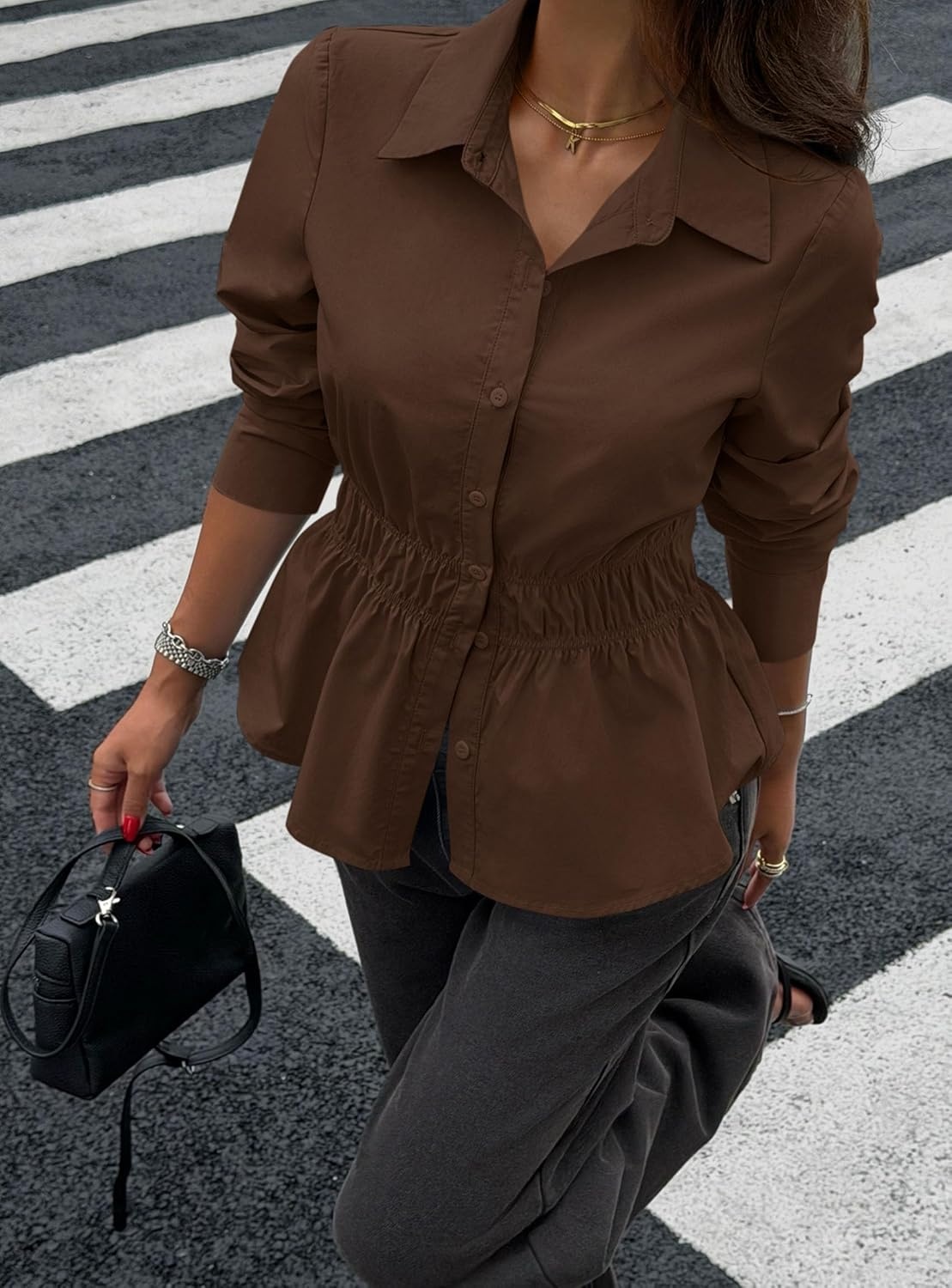 image:imagePRETTYGARDEN Womens Peplum Button Down Work ShirtsSolid Coffee