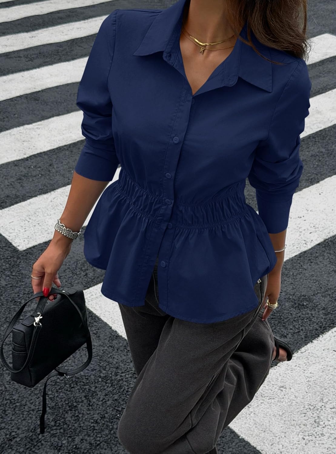 image:imagePRETTYGARDEN Womens Peplum Button Down Work ShirtsSolid Navy Blue