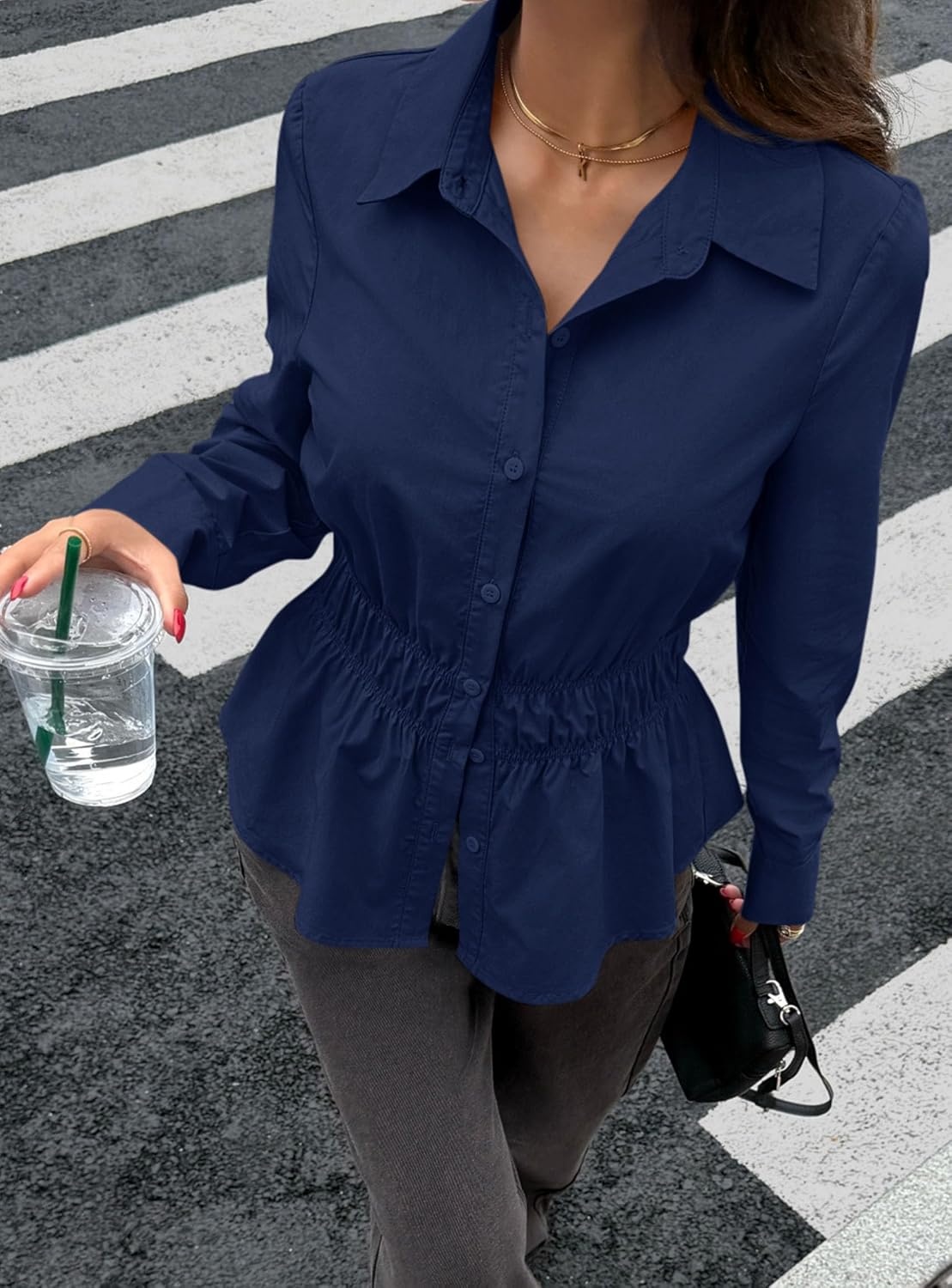 image:imagePRETTYGARDEN Womens Peplum Button Down Work ShirtsSolid Navy Blue