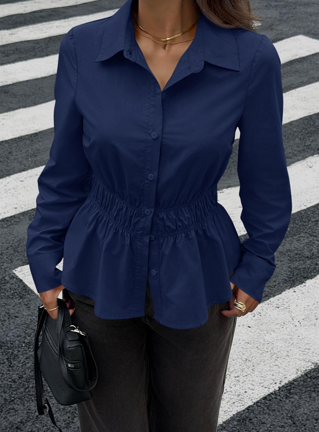 image:imagePRETTYGARDEN Womens Peplum Button Down Work ShirtsSolid Navy Blue