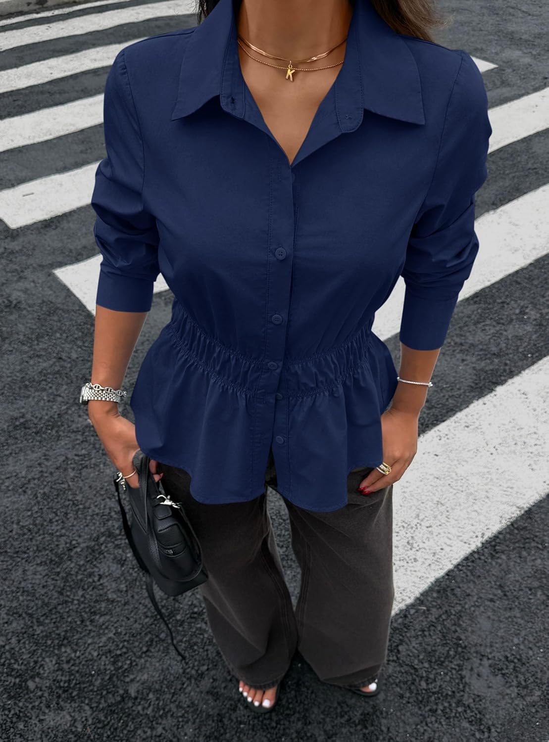 image:imagePRETTYGARDEN Womens Peplum Button Down Work ShirtsSolid Navy Blue