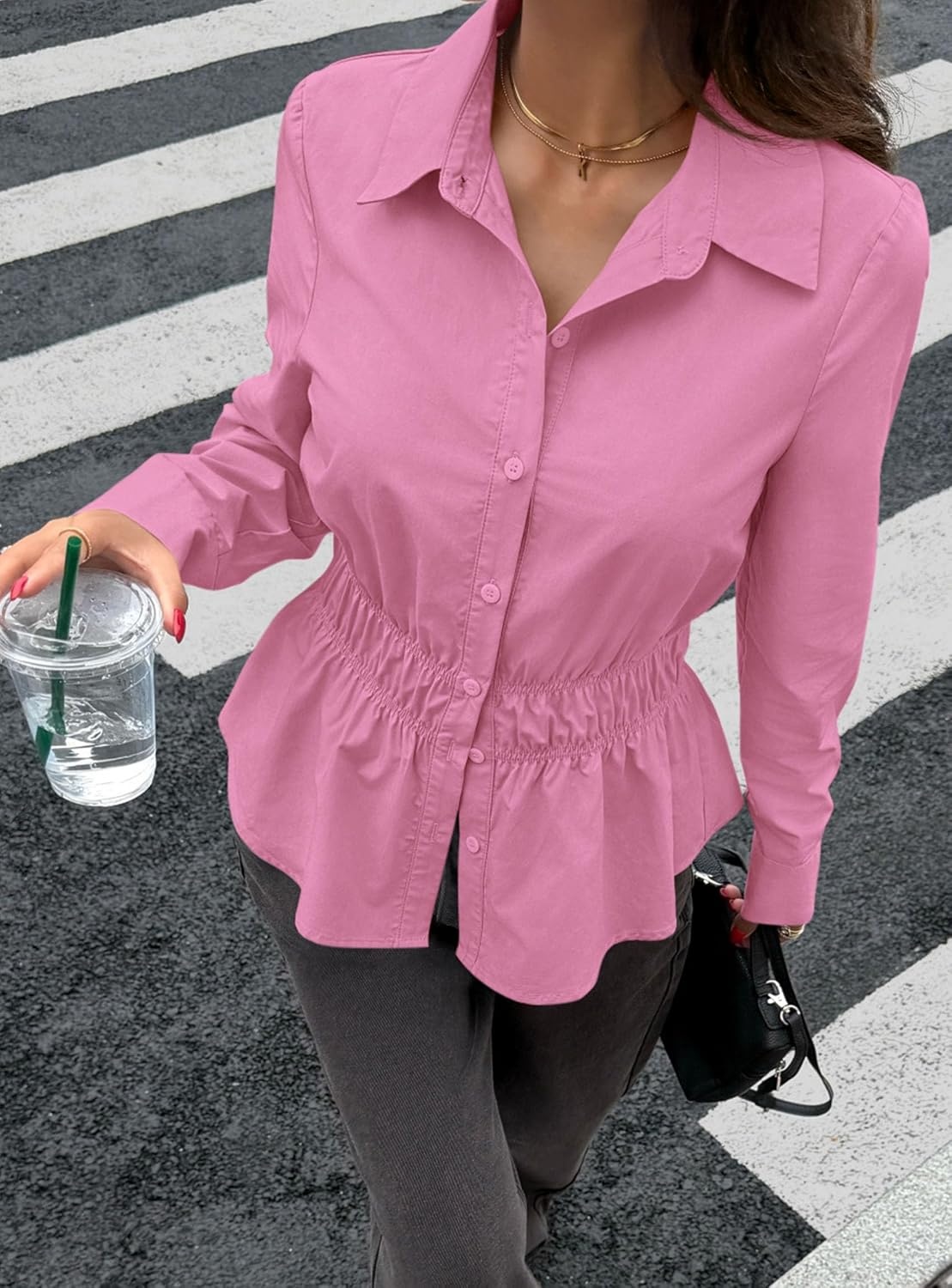 image:imagePRETTYGARDEN Womens Peplum Button Down Work ShirtsSolid Rose Red