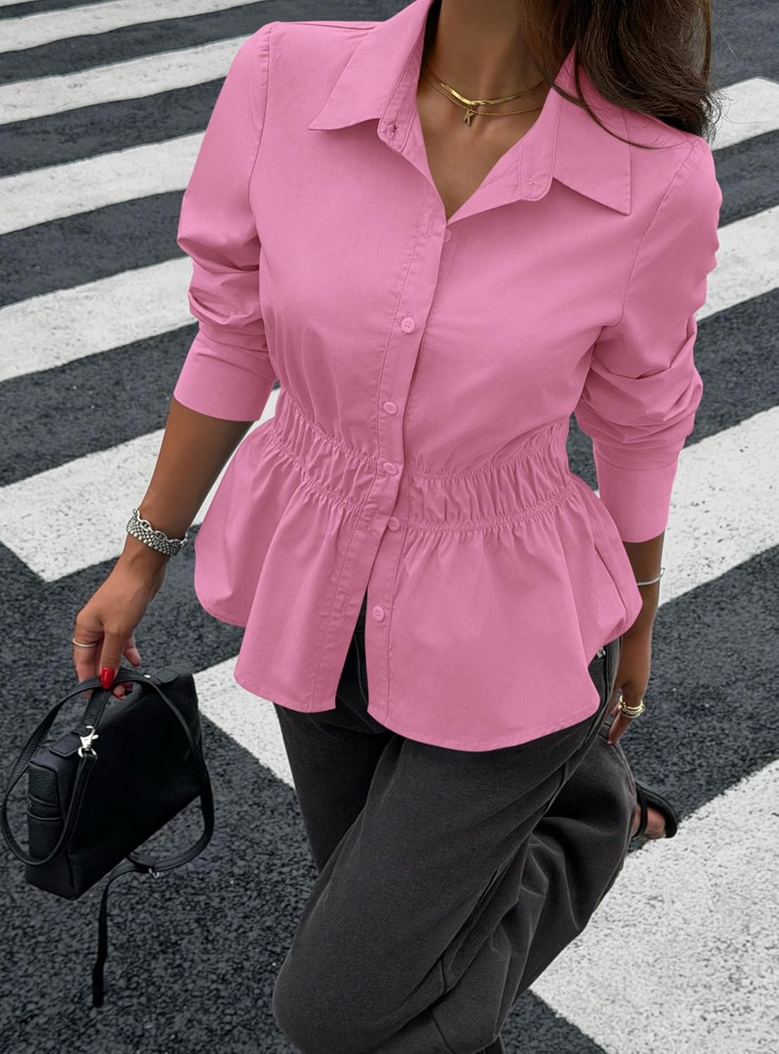 image:imagePRETTYGARDEN Womens Peplum Button Down Work ShirtsSolid Rose Red
