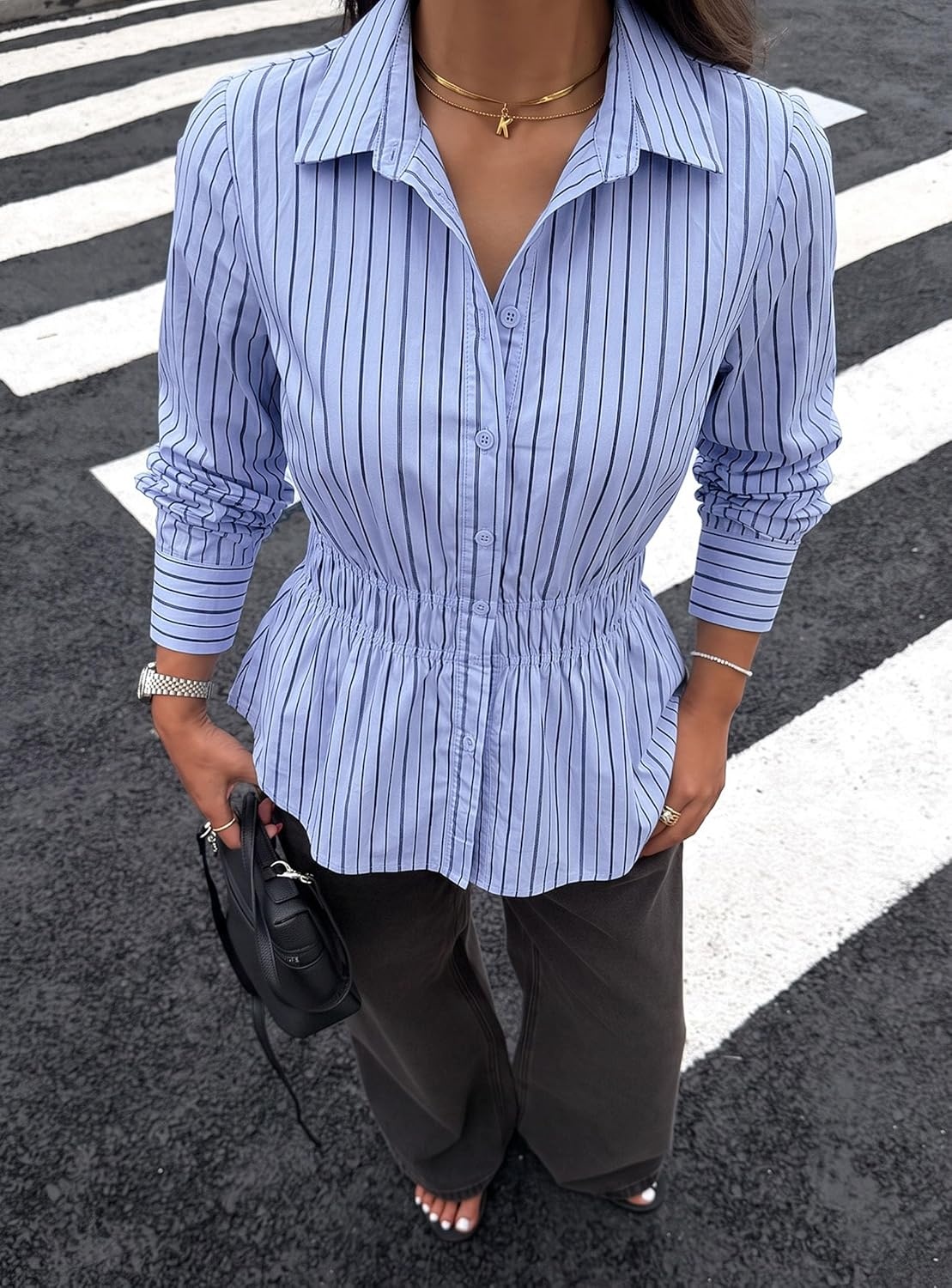 image:imagePRETTYGARDEN Womens Peplum Button Down Work ShirtsStriped Light Blue