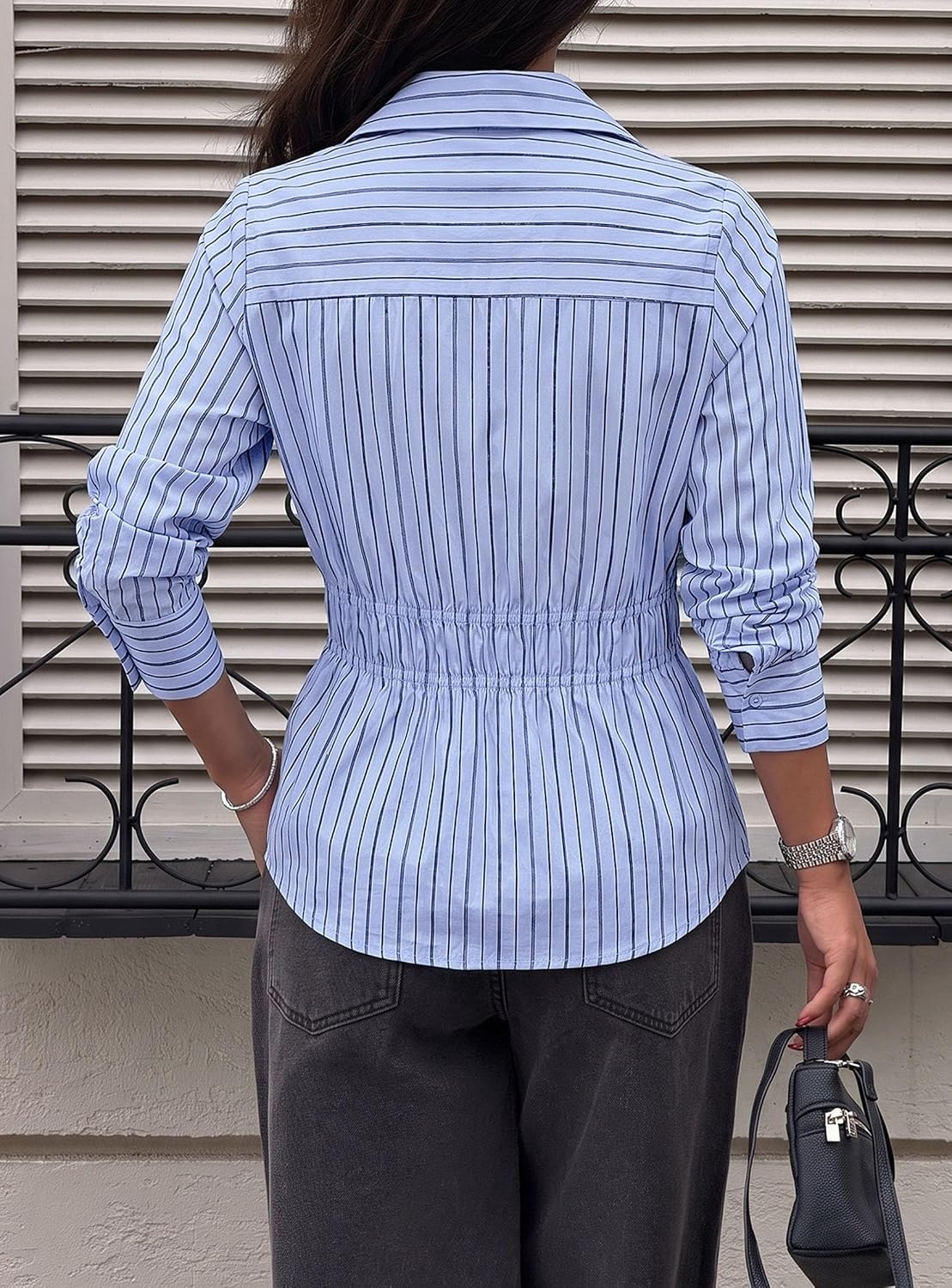 image:imagePRETTYGARDEN Womens Peplum Button Down Work ShirtsStriped Light Blue