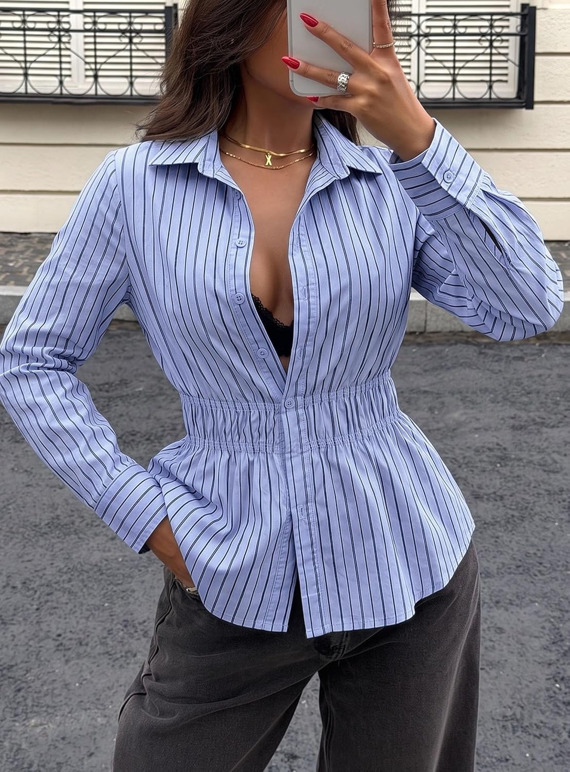 image:imagePRETTYGARDEN Womens Peplum Button Down Work ShirtsStriped Light Blue