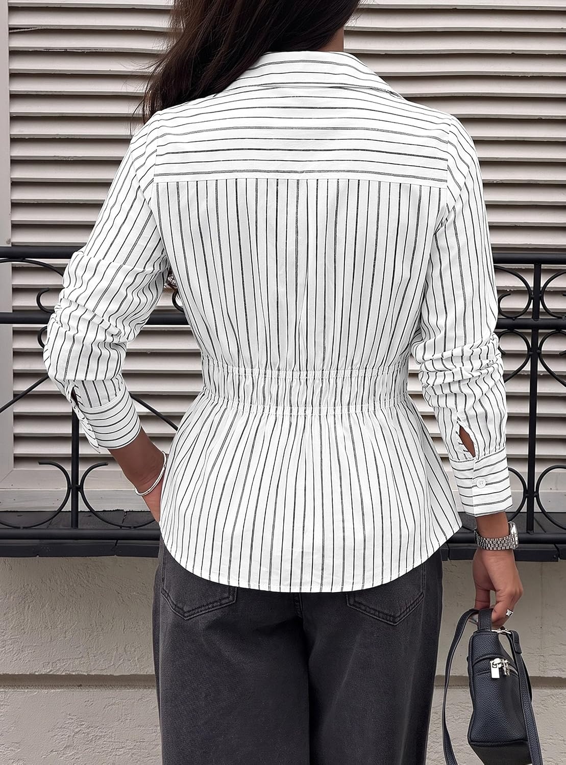 image:imagePRETTYGARDEN Womens Peplum Button Down Work ShirtsStriped White Black
