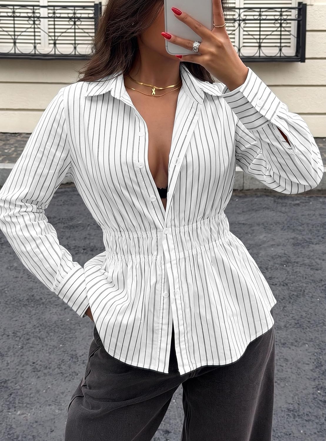 image:imagePRETTYGARDEN Womens Peplum Button Down Work ShirtsStriped White Black