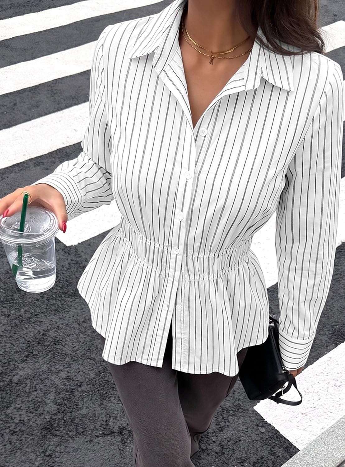 image:imagePRETTYGARDEN Womens Peplum Button Down Work ShirtsStriped White Black