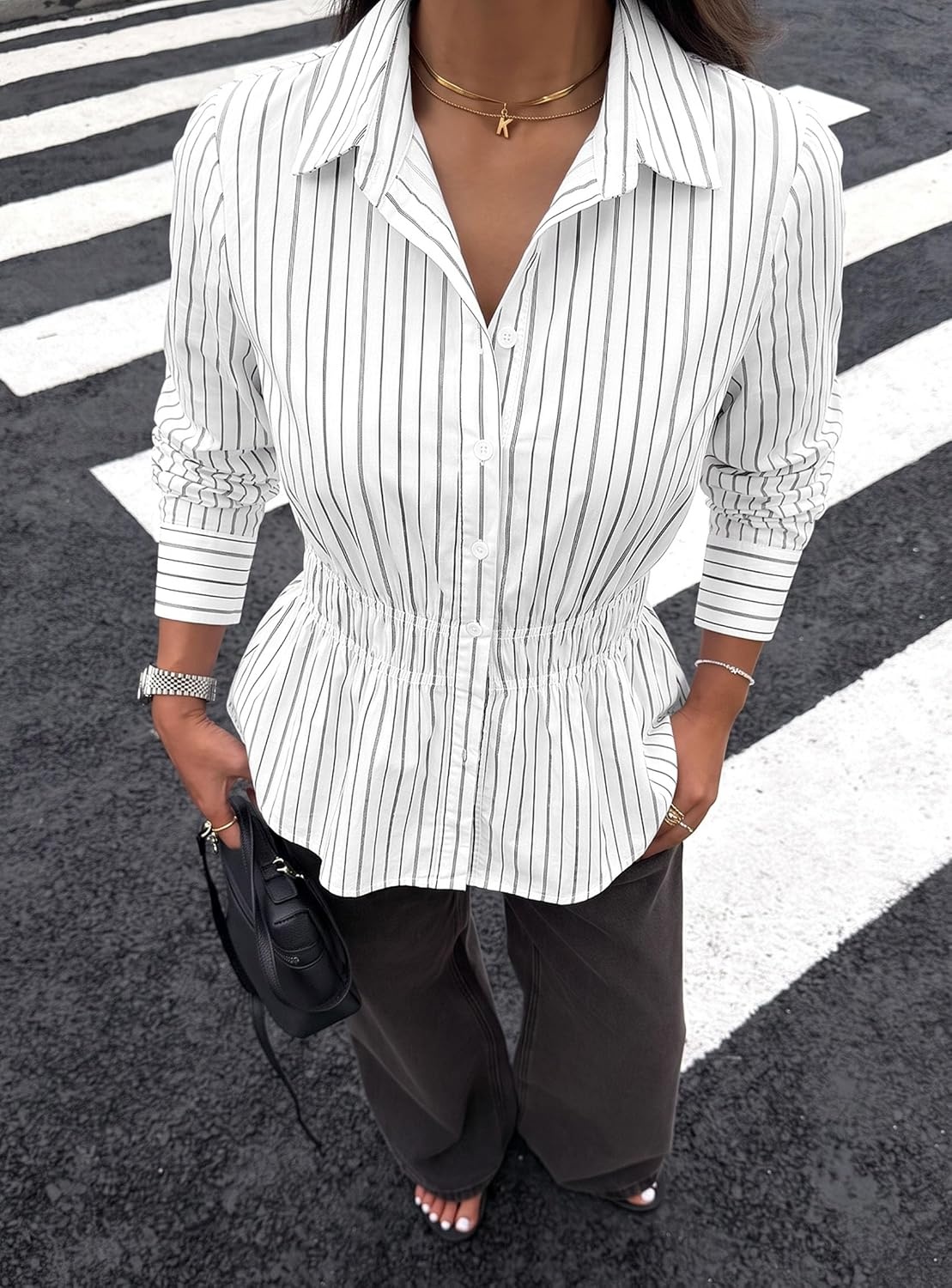 image:imagePRETTYGARDEN Womens Peplum Button Down Work ShirtsStriped White Black