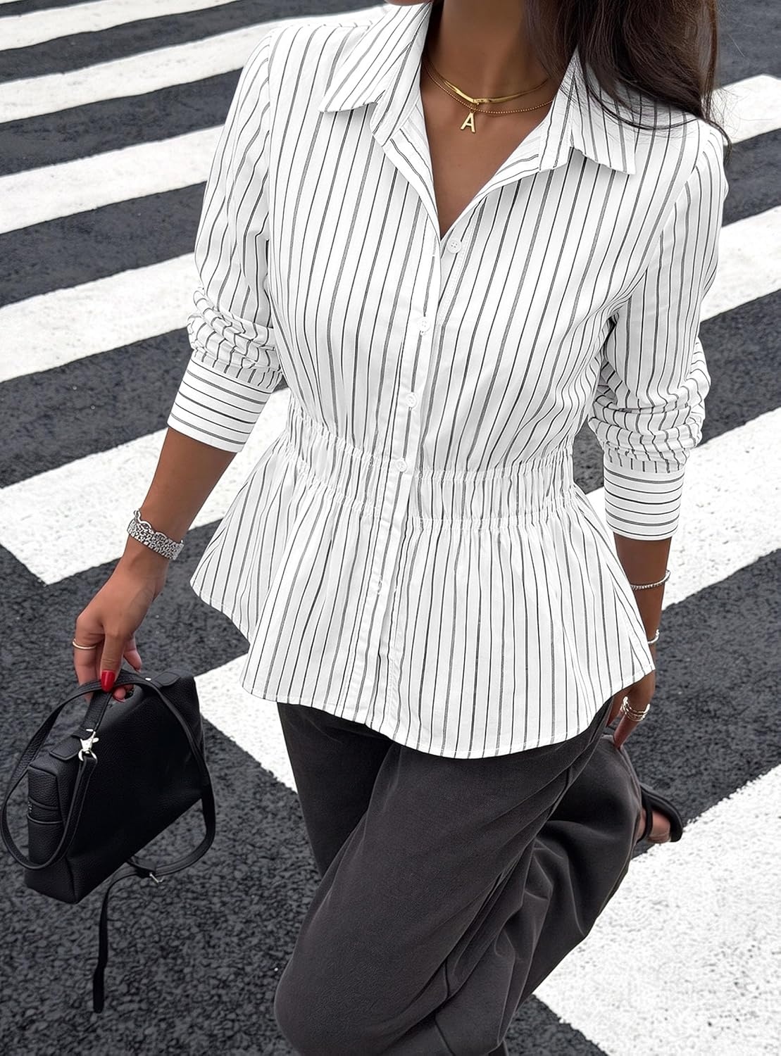 image:imagePRETTYGARDEN Womens Peplum Button Down Work ShirtsStriped White Black