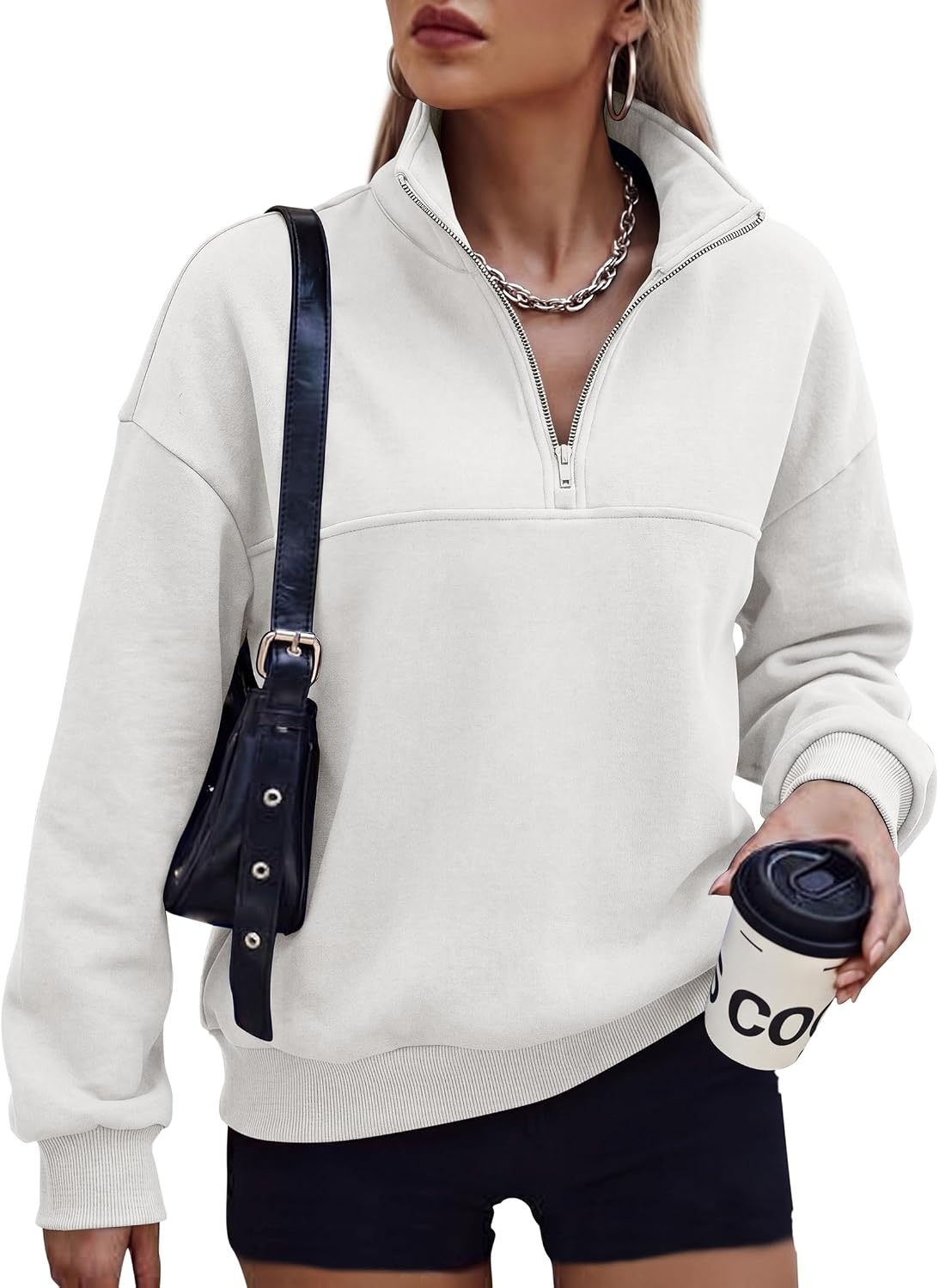 image:imagePRETTYGARDEN Womens Quarter Zip Fleece Pullover SweatshirtsBeige White