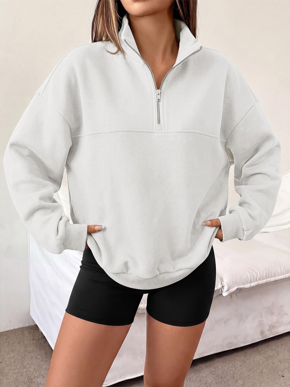 image:imagePRETTYGARDEN Womens Quarter Zip Fleece Pullover SweatshirtsBeige White