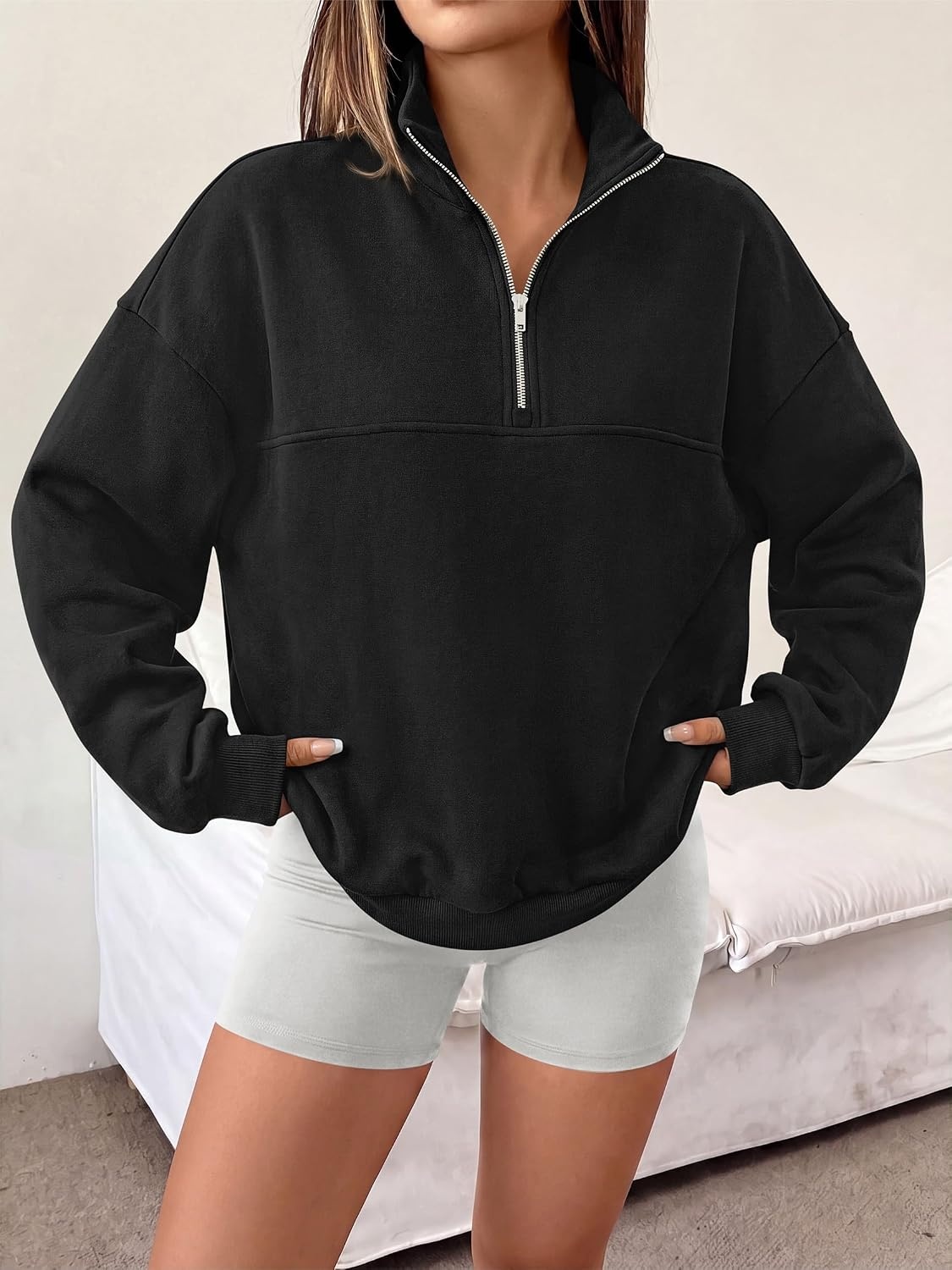image:imagePRETTYGARDEN Womens Quarter Zip Fleece Pullover SweatshirtsBlack
