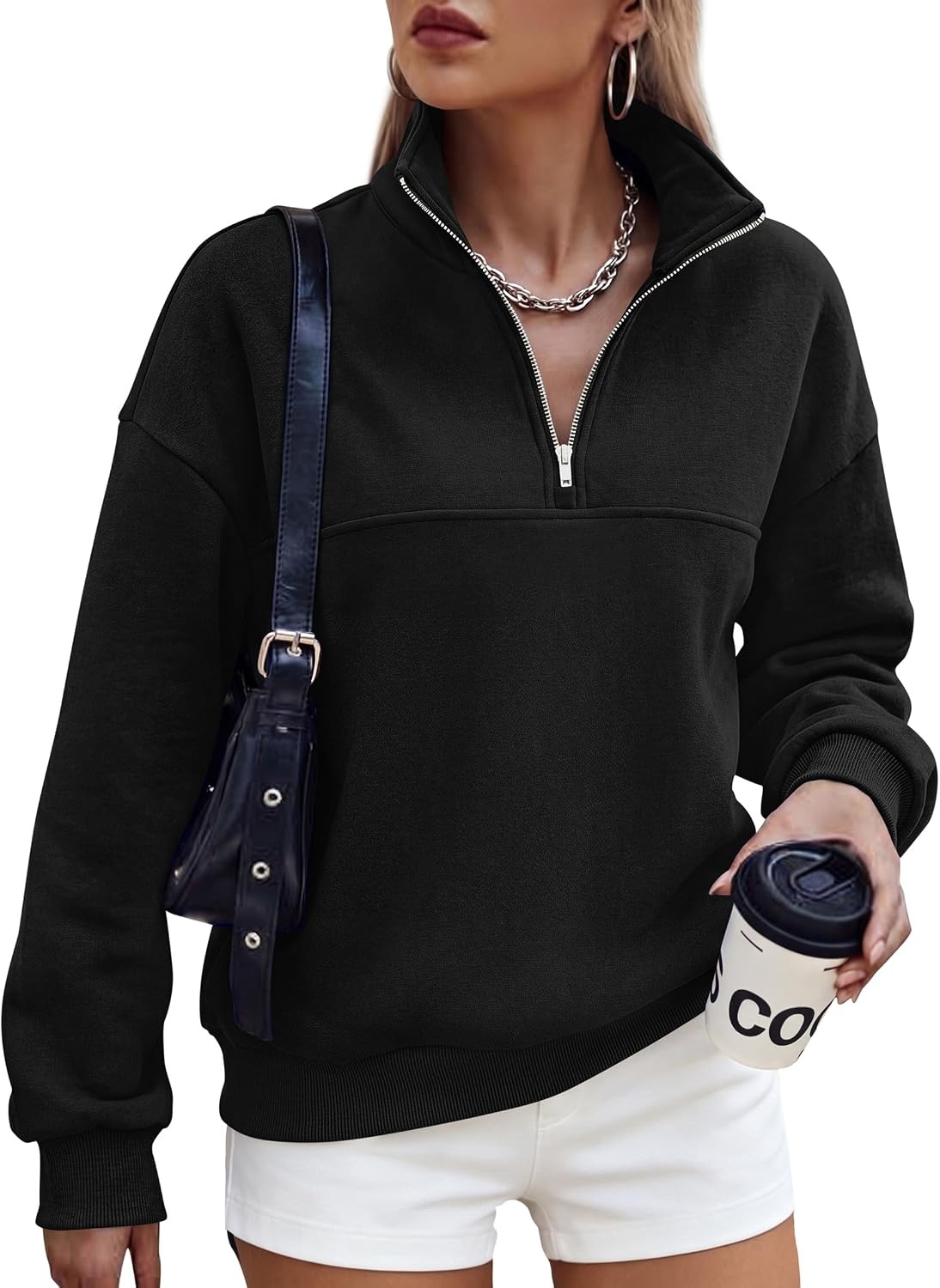 image:imagePRETTYGARDEN Womens Quarter Zip Fleece Pullover SweatshirtsBlack