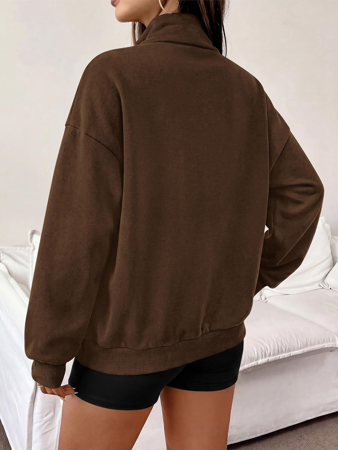 image:imagePRETTYGARDEN Womens Quarter Zip Fleece Pullover SweatshirtsBrown