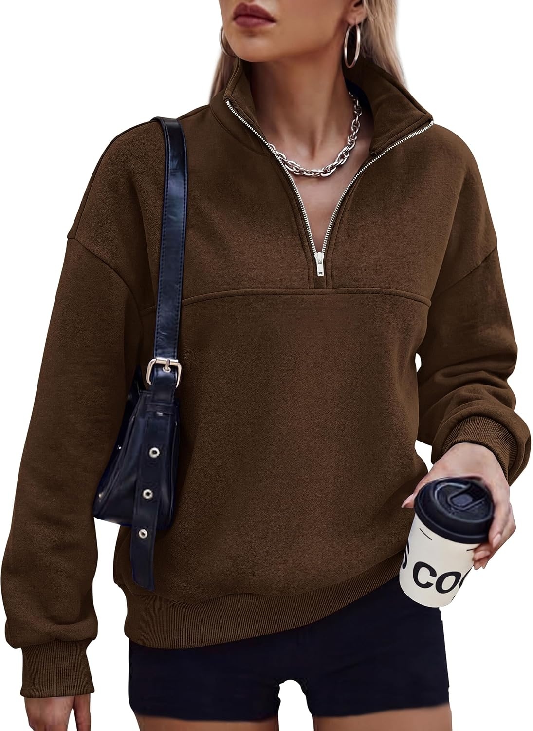 image:imagePRETTYGARDEN Womens Quarter Zip Fleece Pullover SweatshirtsBrown