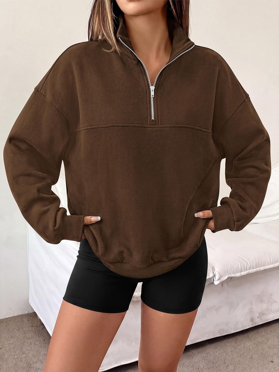 image:imagePRETTYGARDEN Womens Quarter Zip Fleece Pullover SweatshirtsBrown