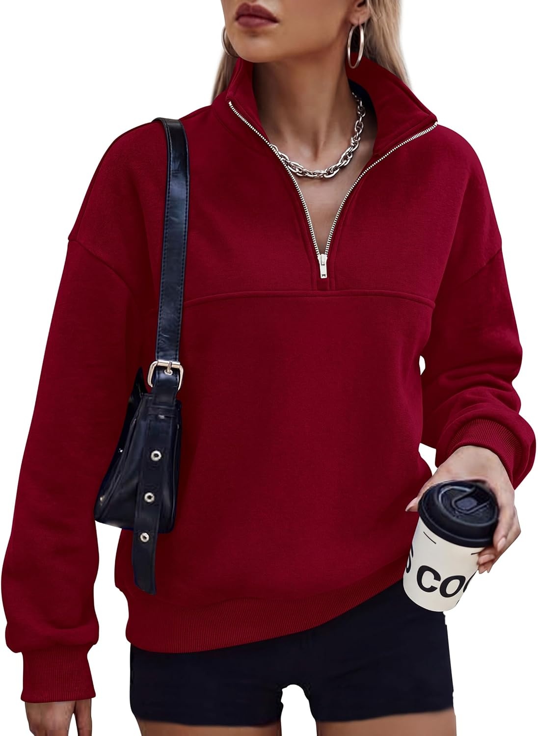 image:imagePRETTYGARDEN Womens Quarter Zip Fleece Pullover SweatshirtsBurgundy